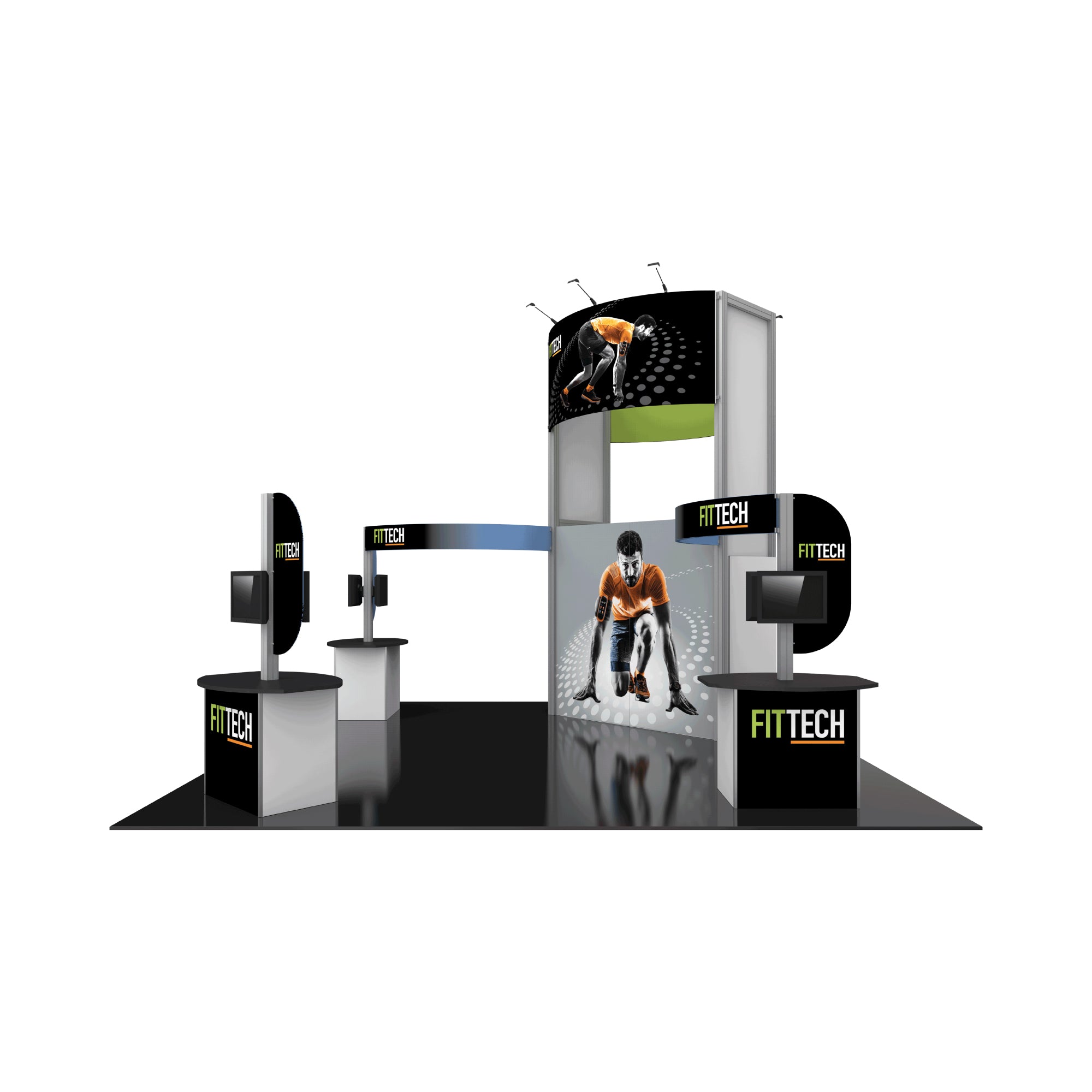 Modern trade show booth with branded graphics, display monitors, and curved overhead banner for exhibitions