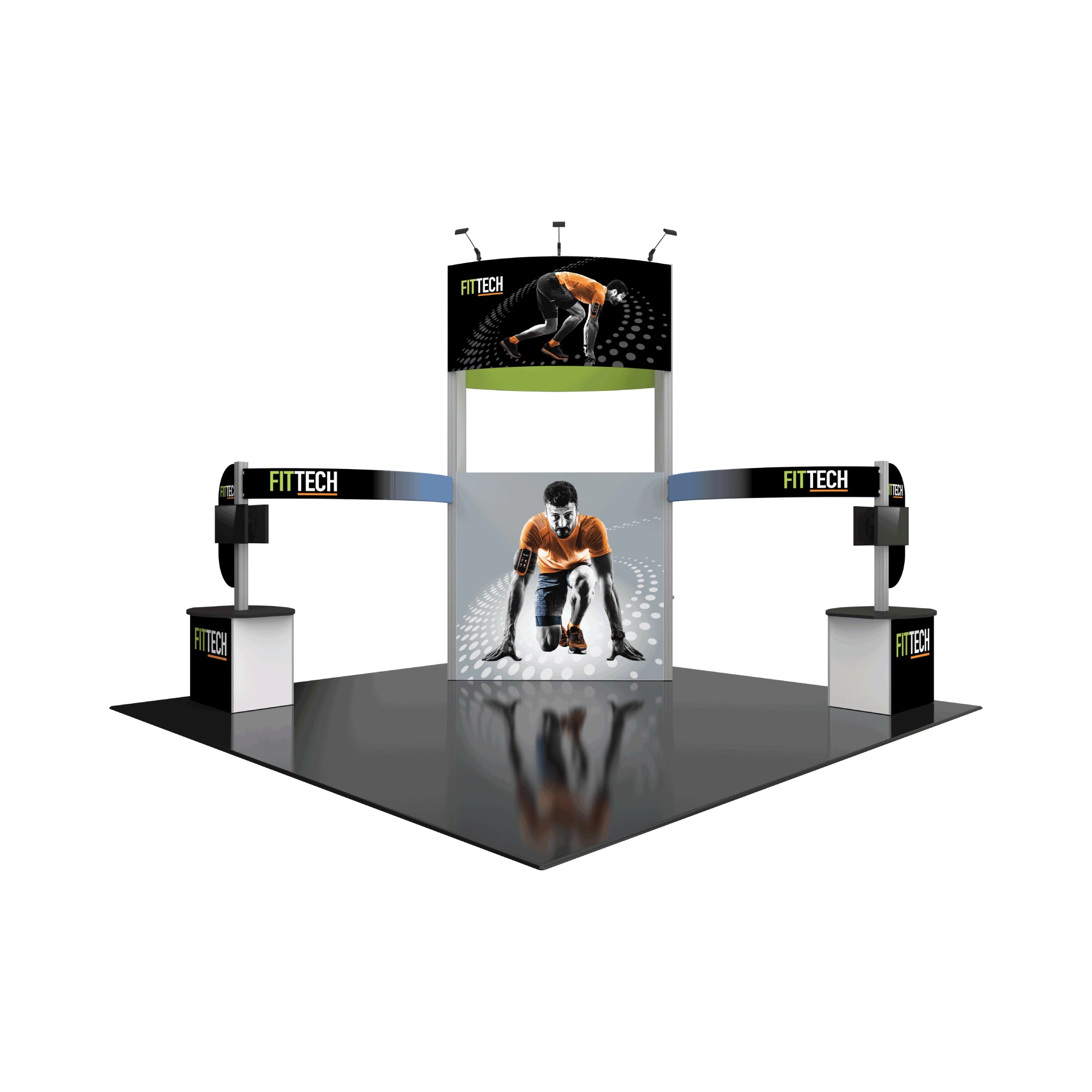 Modular trade show display booth with large fitness-themed graphics and branded counters for exhibitions