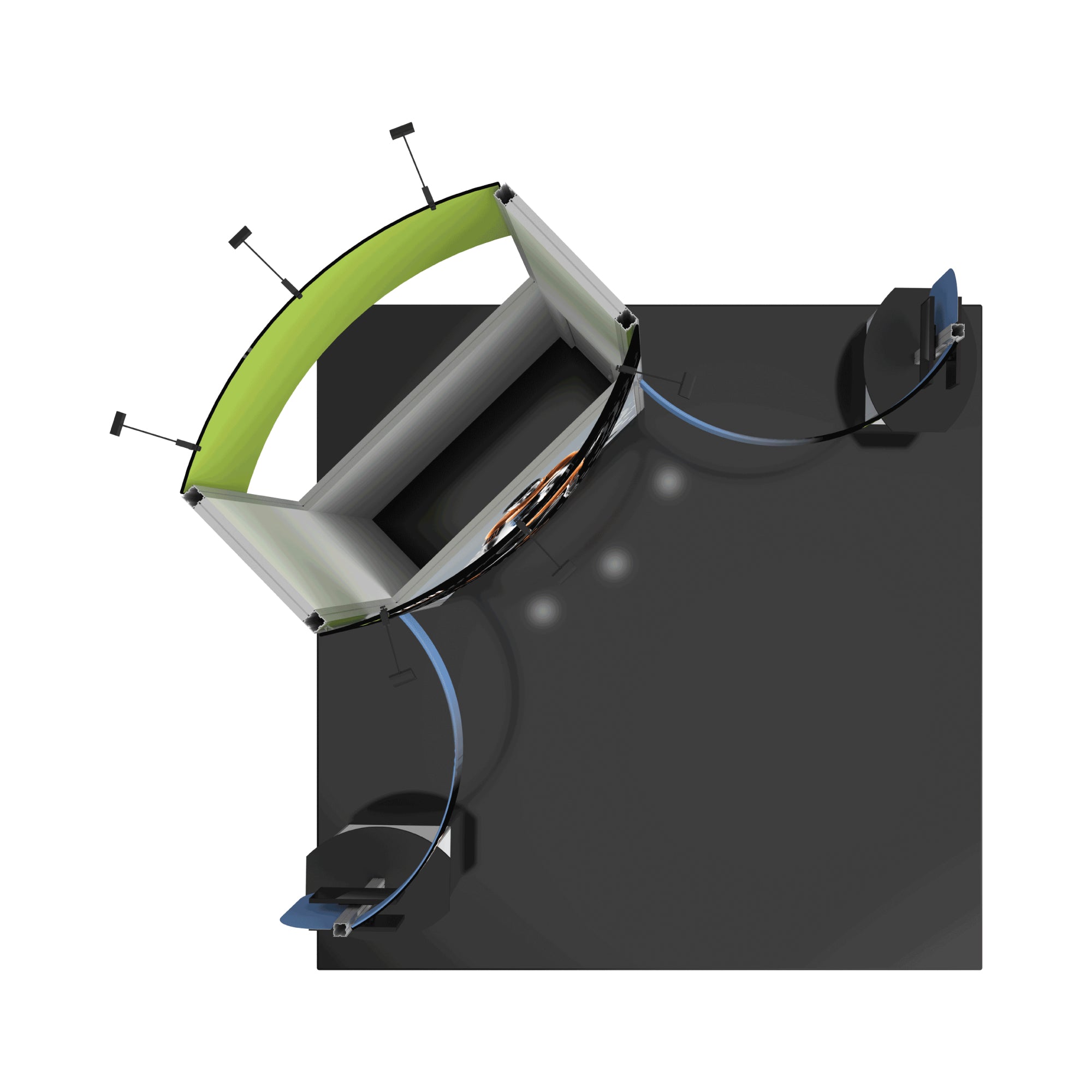 Top view of modular trade show display booth with curved backdrops and lighting for exhibitions