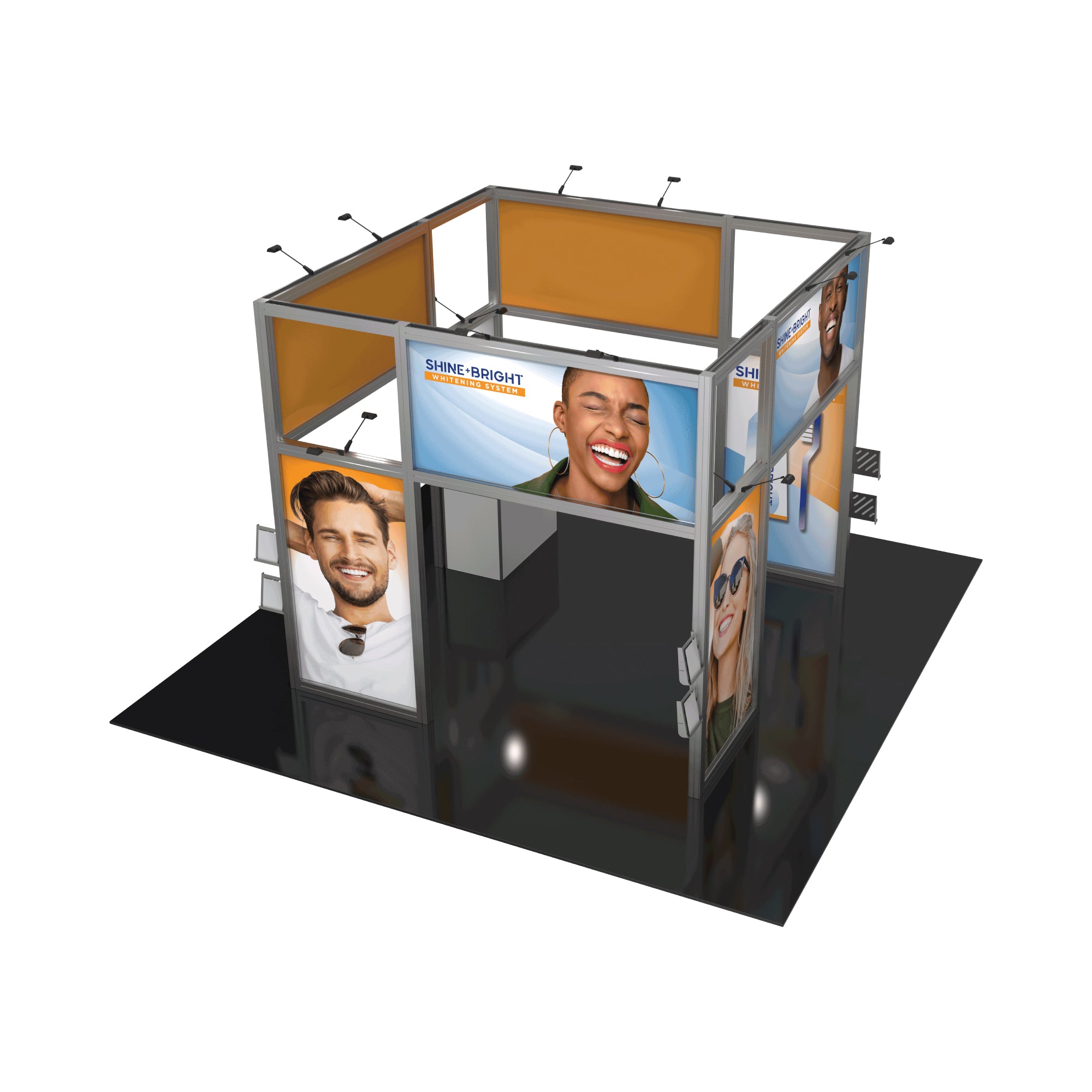 Modular trade show booth display with large graphic panels featuring smiling faces for exhibitions and events