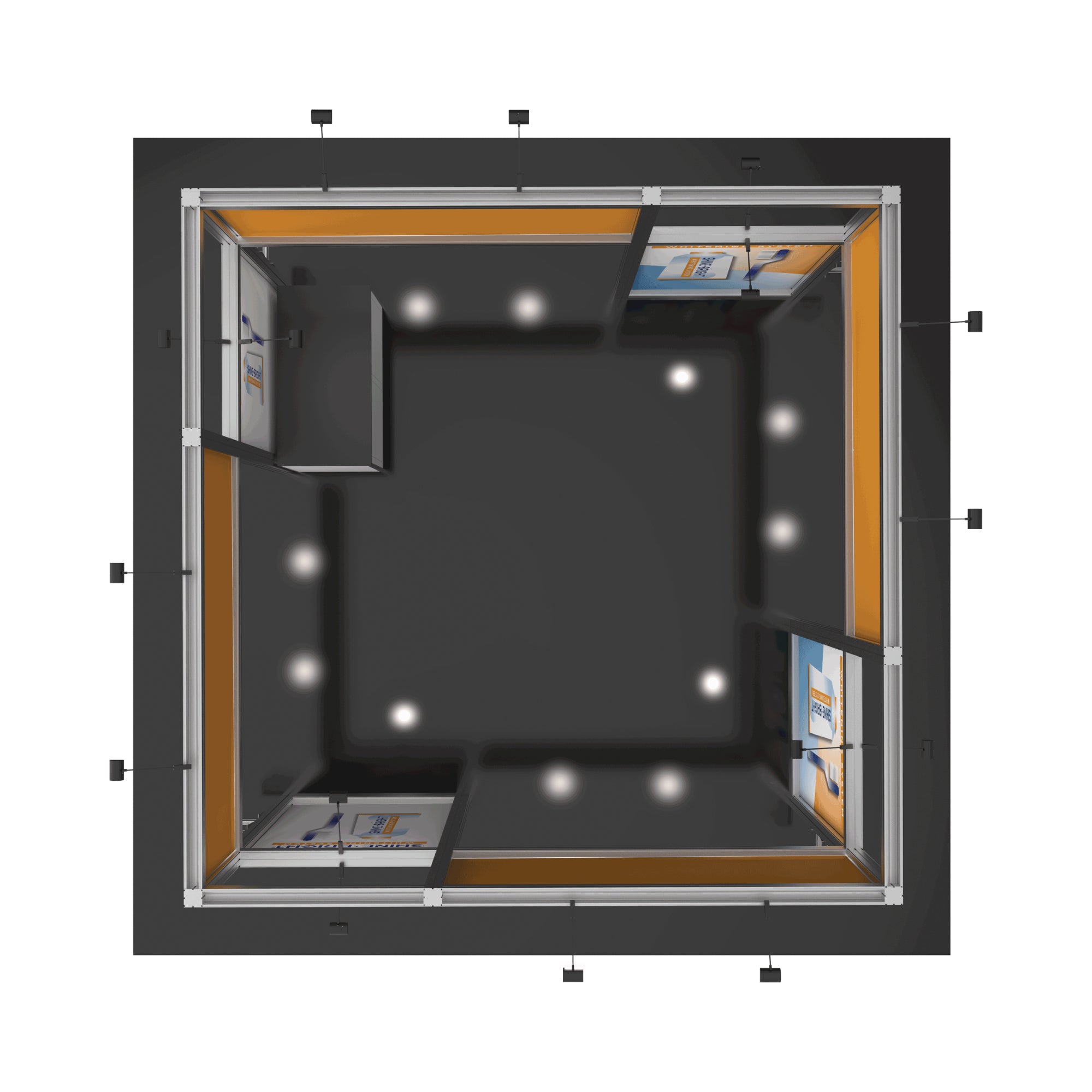 Overhead view of modular trade show display booth with illuminated panels for exhibitions and events