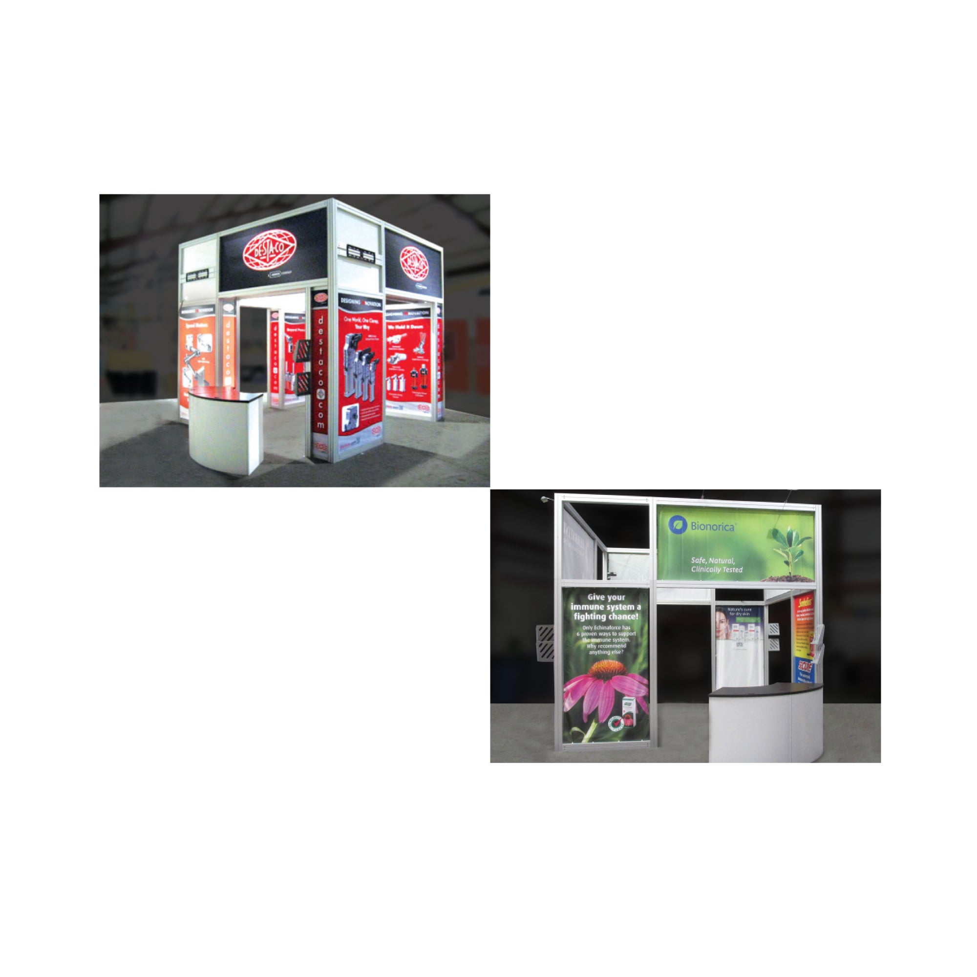 Modular trade show booths with branded graphics and counters for exhibitions and special events