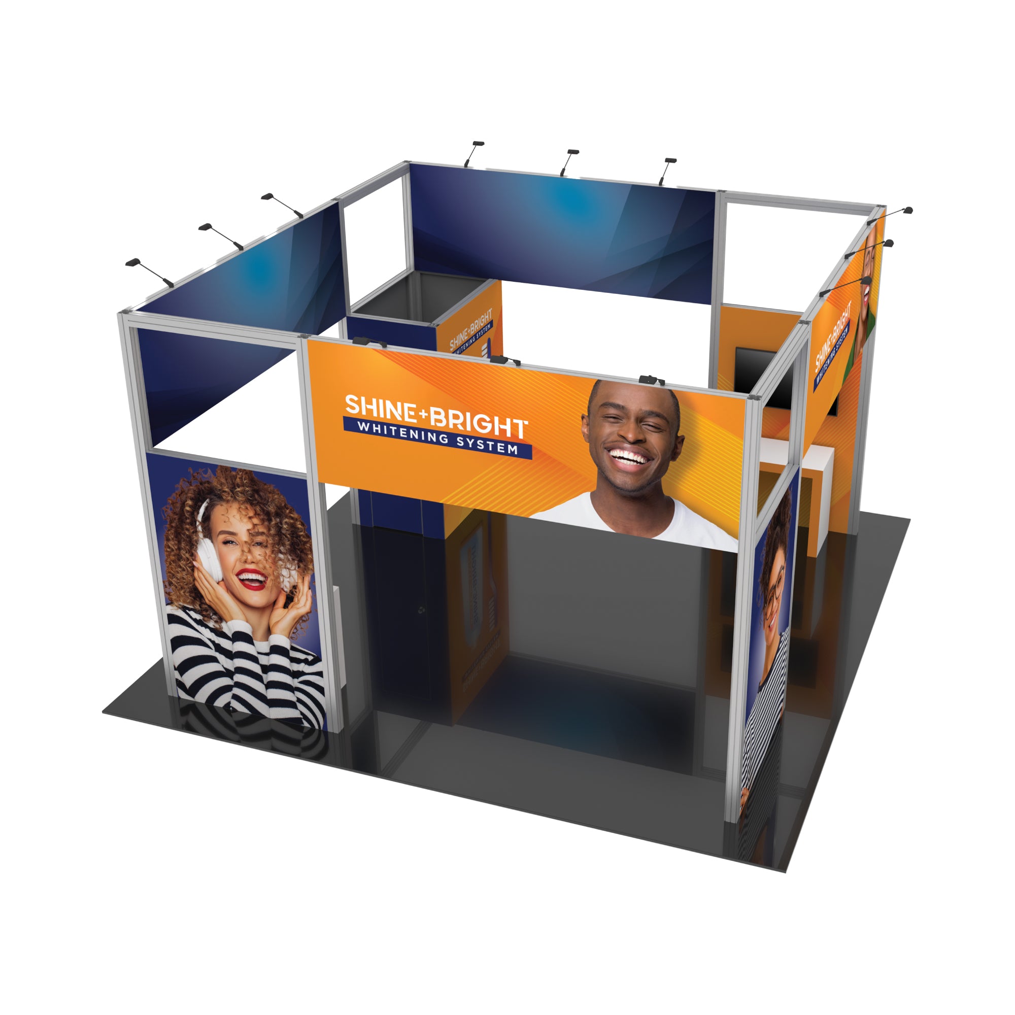 Modular trade show booth with framed walls and graphic panels for Shine+Bright whitening system