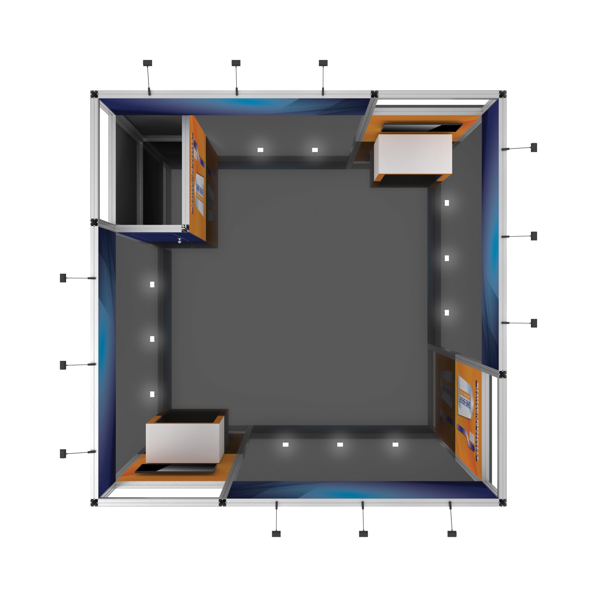 Modular trade show booth layout with built-in counters, overhead lighting, and branded wall panels