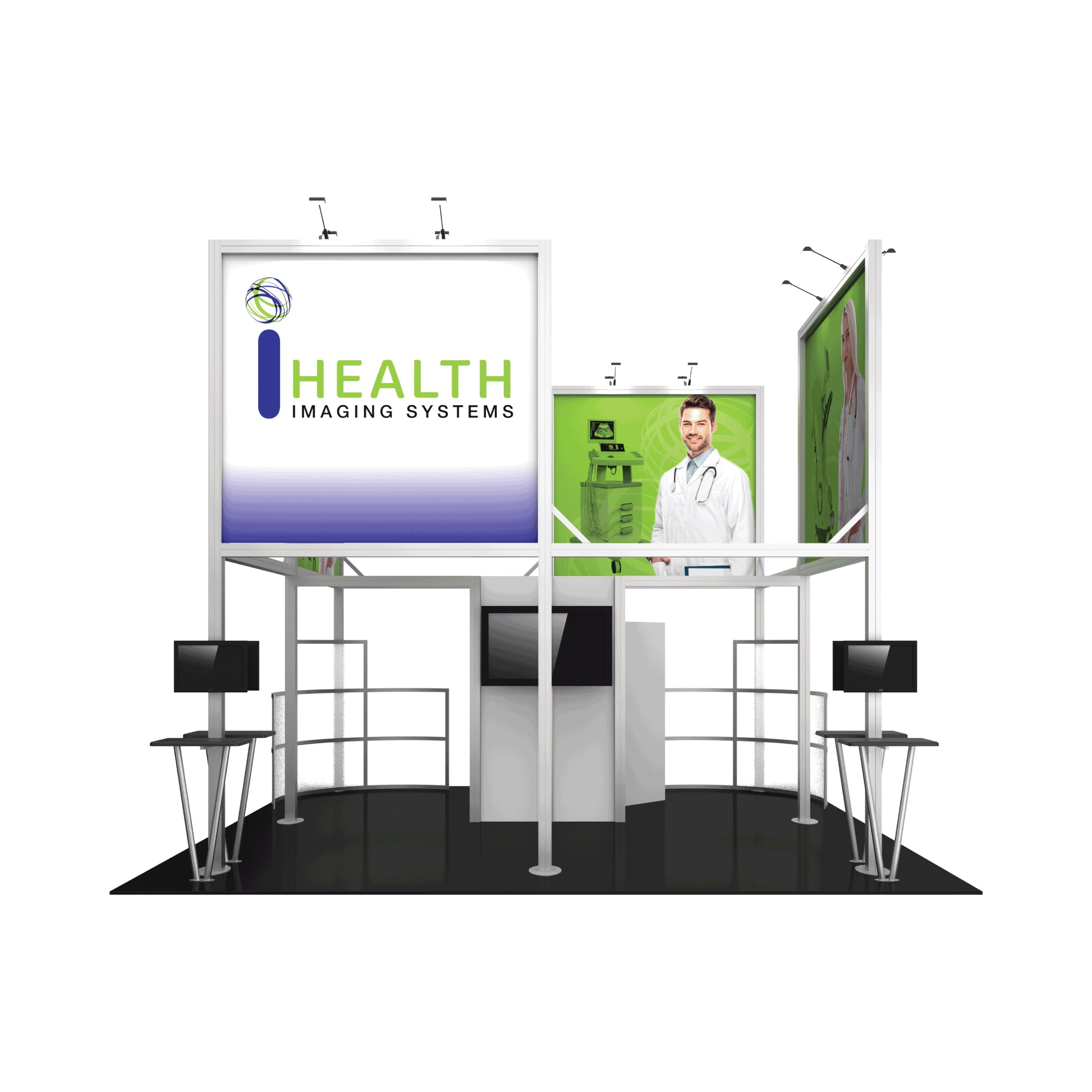 Modular trade show booth with healthcare imaging branding, display screens, and doctor graphics for exhibitions