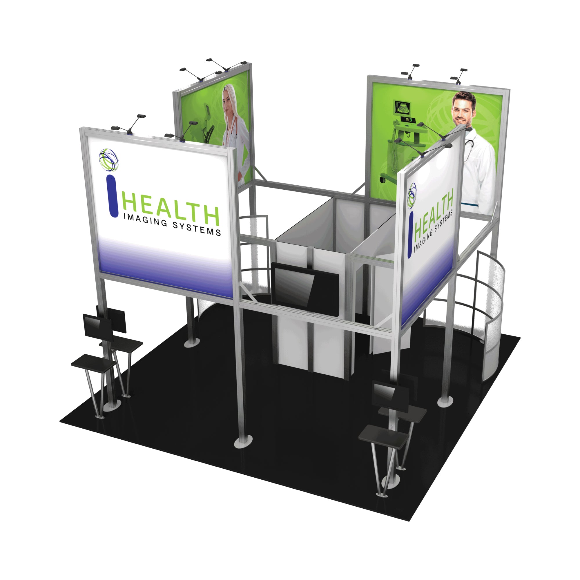 Modular trade show booth with large health imaging system graphics and monitor stands for exhibitions