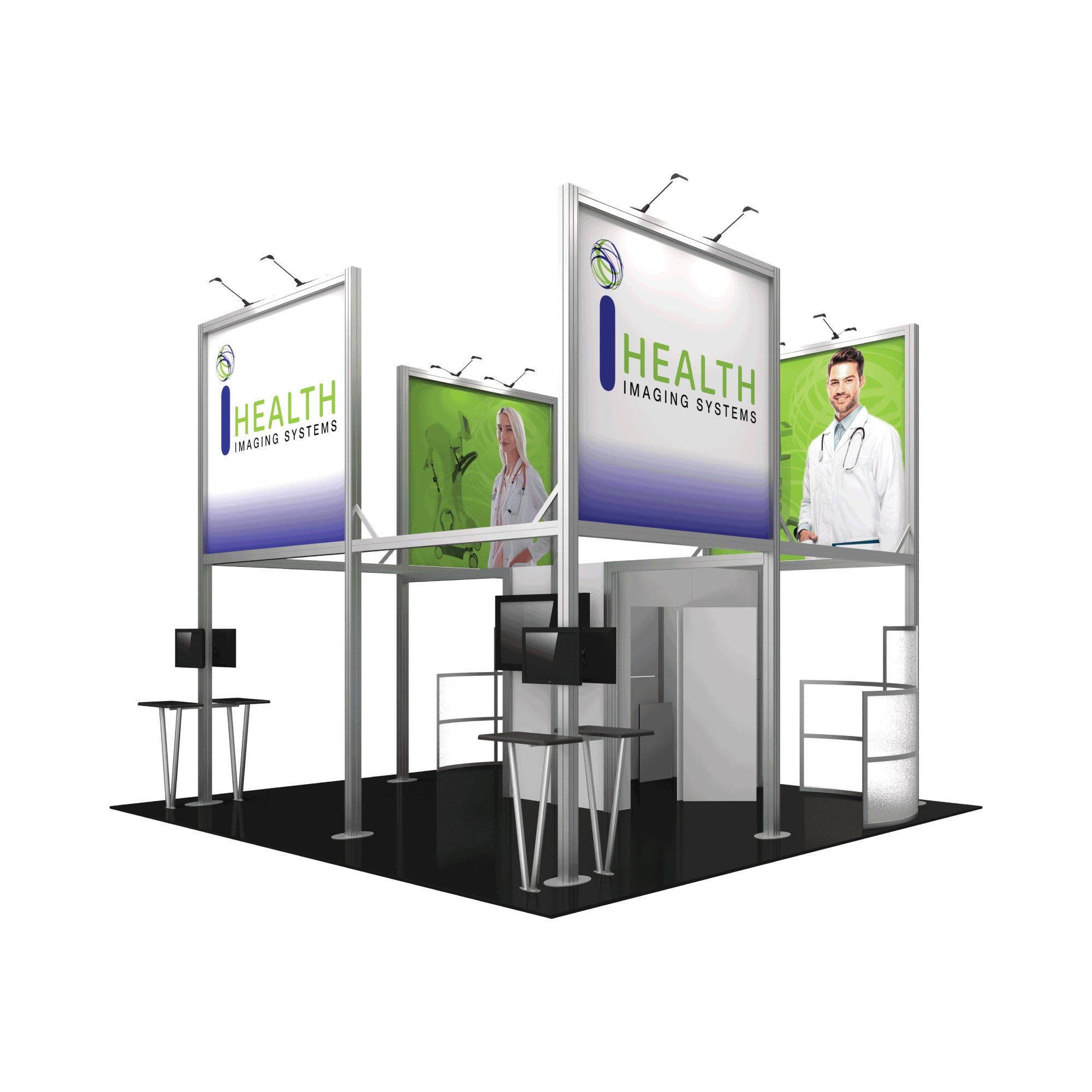 Modular trade show booth with large health imaging systems graphics and monitor stands for exhibitions