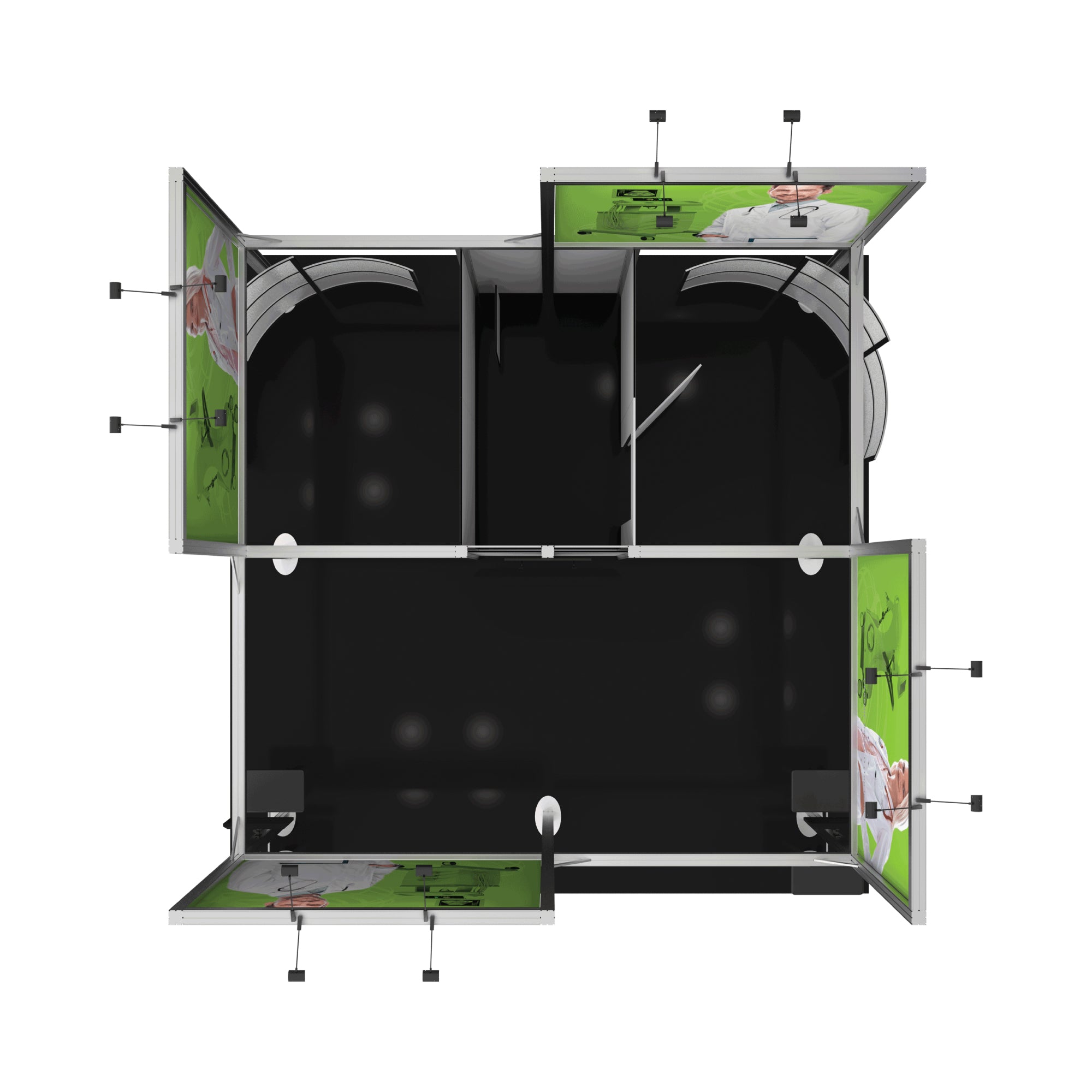 Modular trade show exhibit booth with partitioned spaces and graphic panels for exhibitions and events