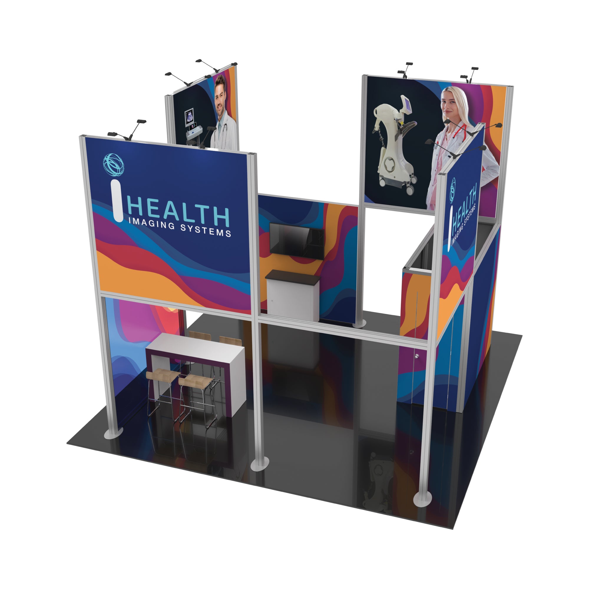 Modular trade show booth for health imaging systems with branded panels, seating, and display monitors