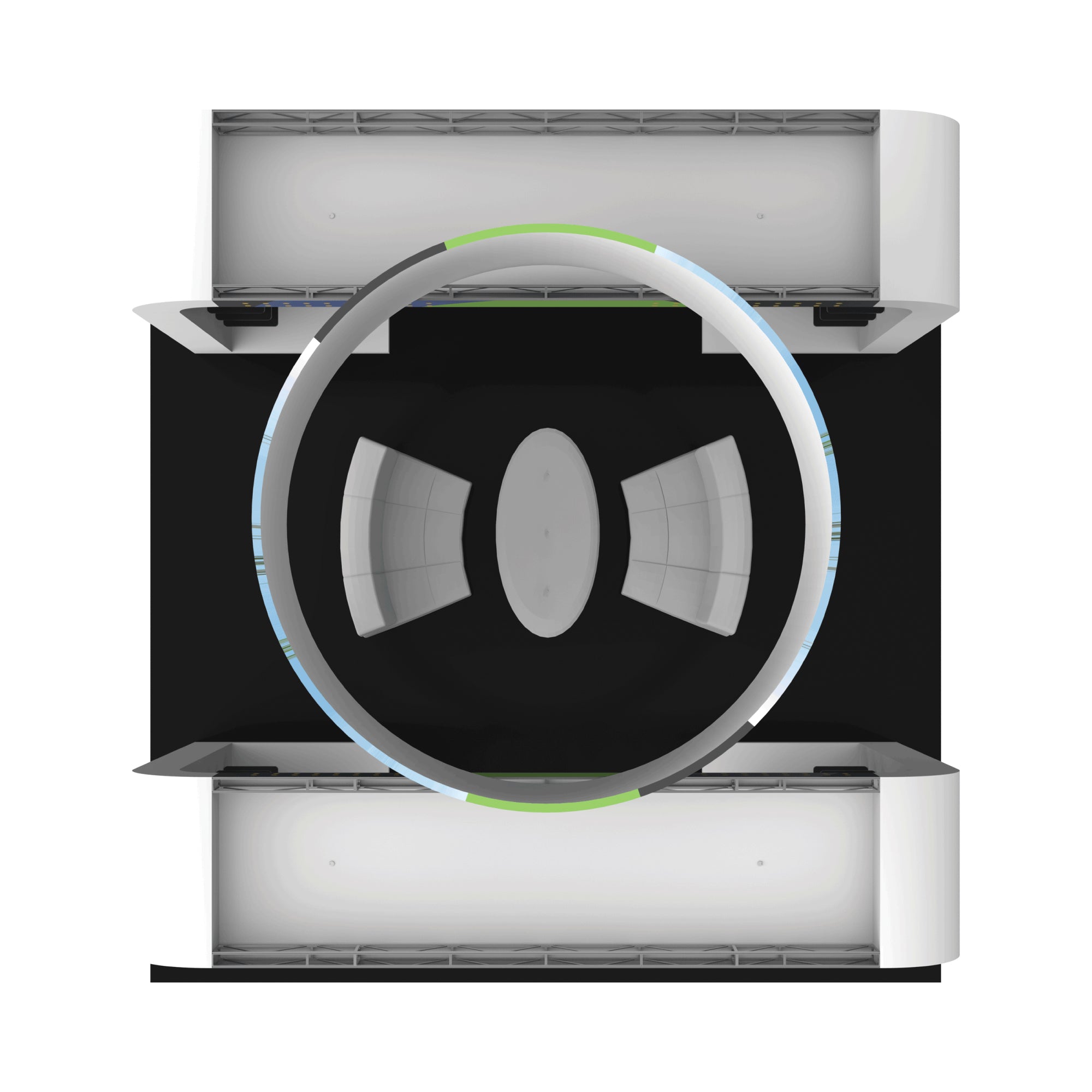 Overhead view of modular trade show booth with oval table, seating, and large circular display frame