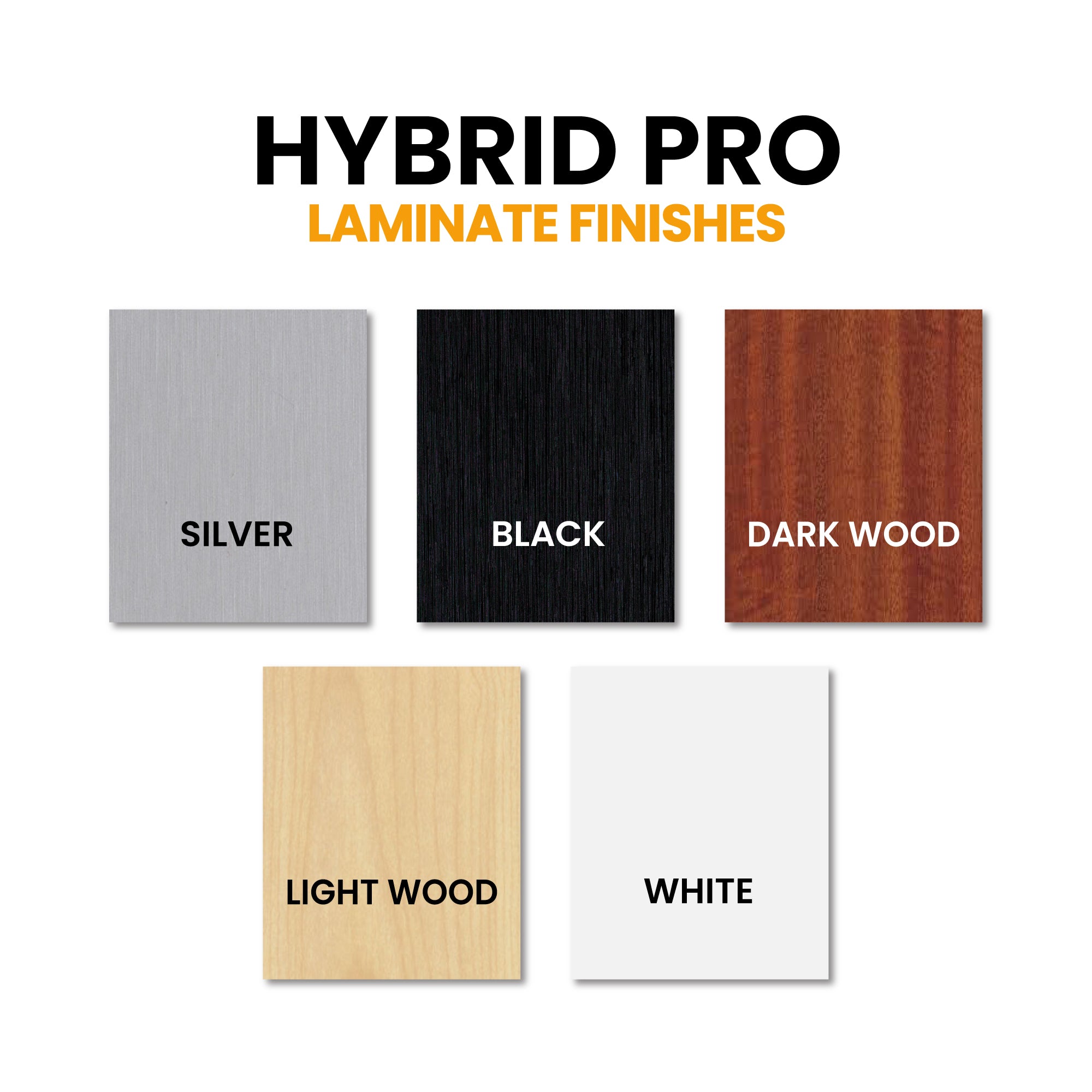 Hybrid Pro laminate finish samples for trade show displays including silver, black, dark wood, light wood, and white options