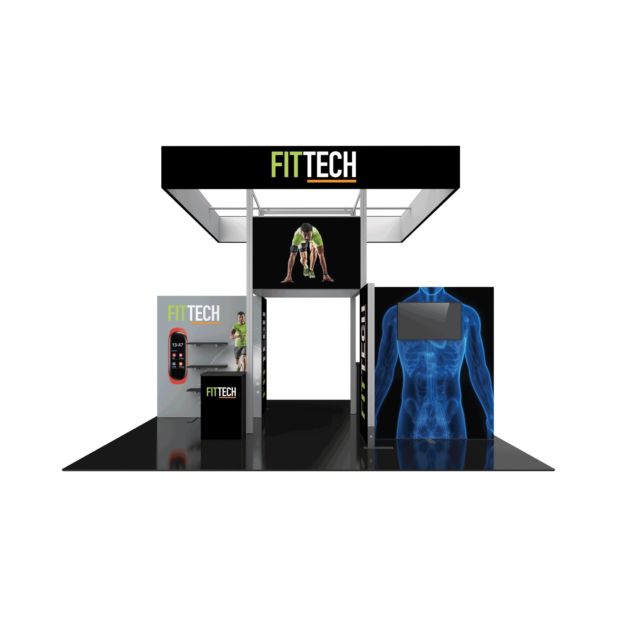 Modular trade show booth with FITTECH branding, digital display screens, and exhibition shelves for events