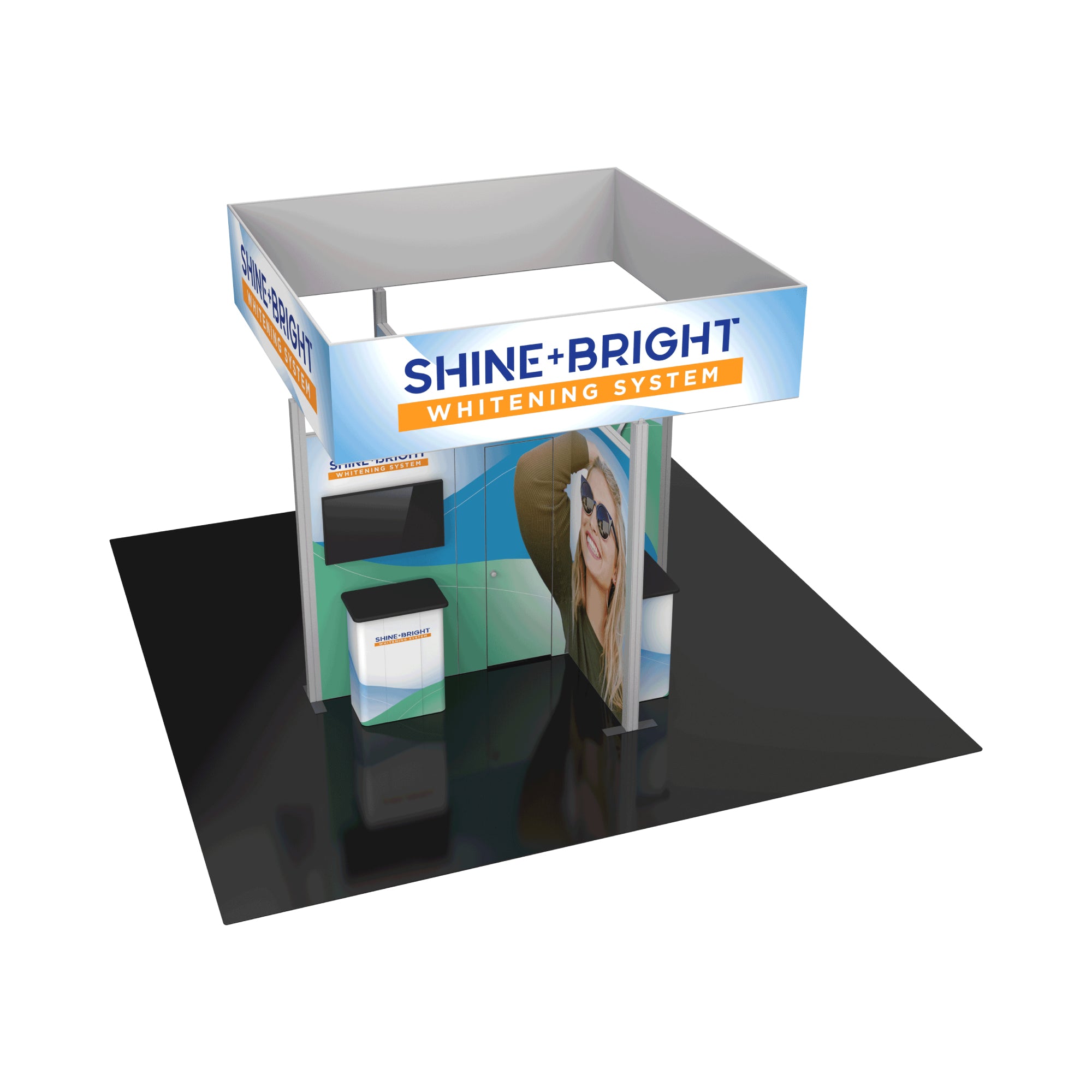 Modular trade show booth with Shine Bright Whitening System branding and a smiling woman graphic