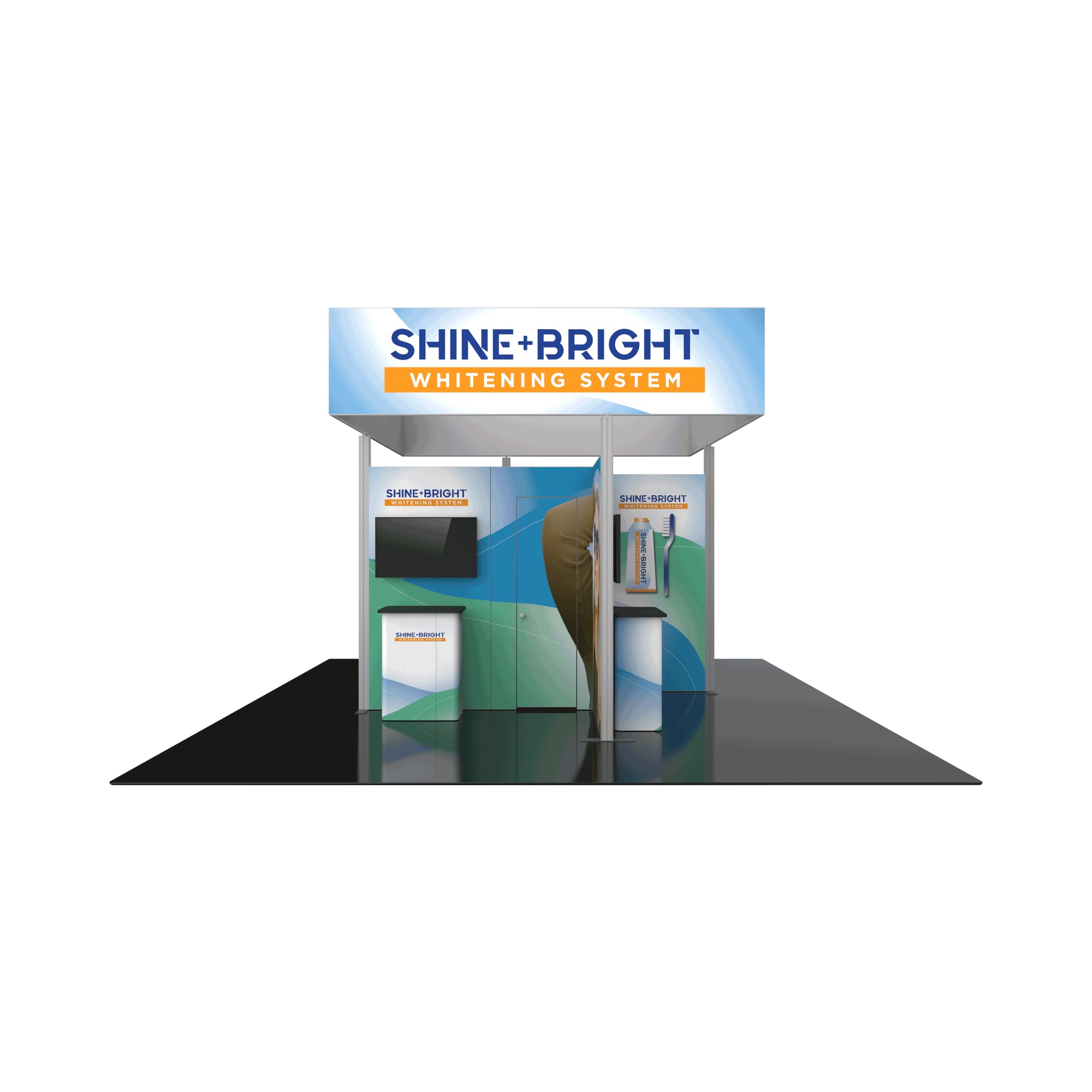 modular trade show booth with Shine+Bright Whitening System branding, LED display, and counters for exhibitions