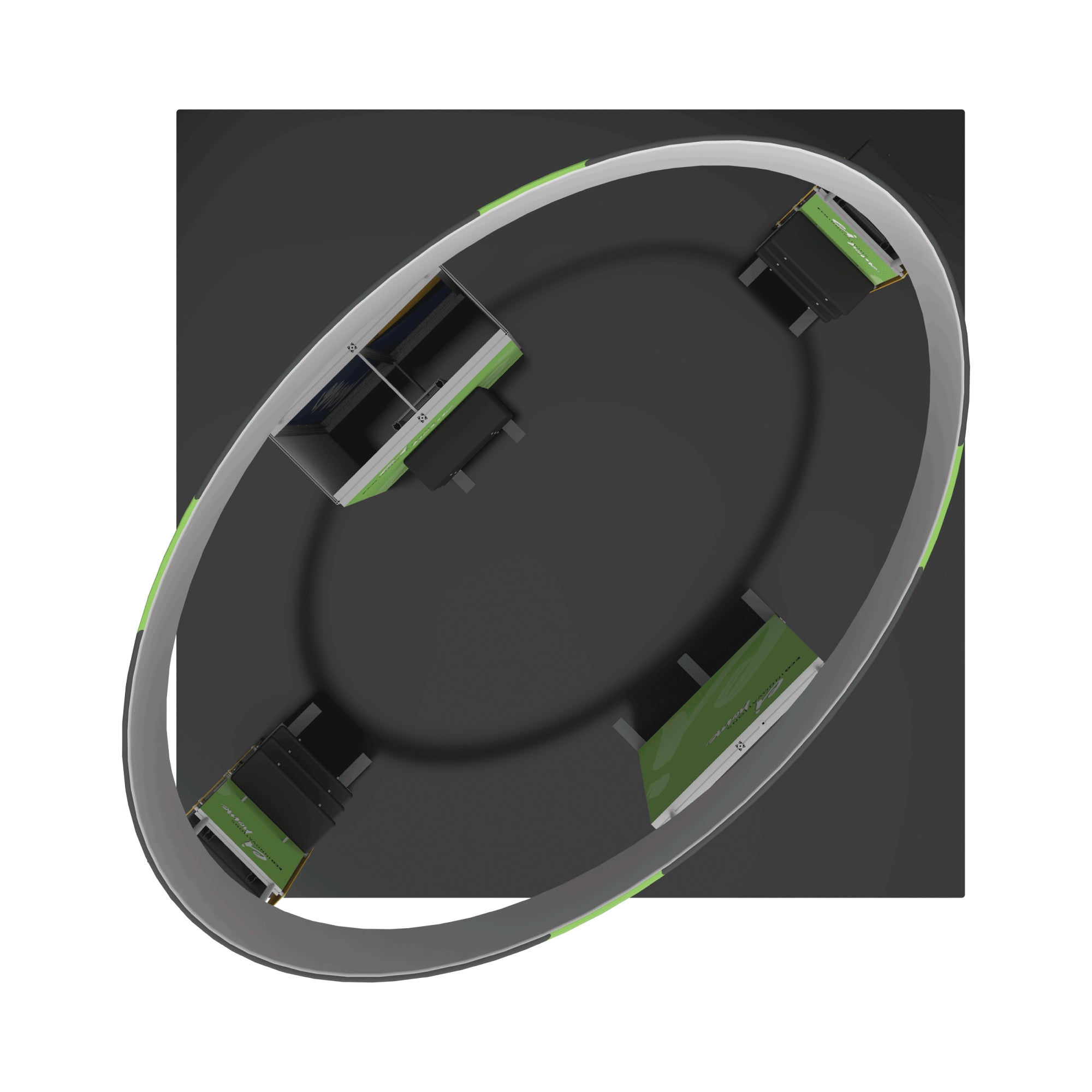 Top view of modular trade show display booth with curved overhead frame and multiple stations for exhibitions