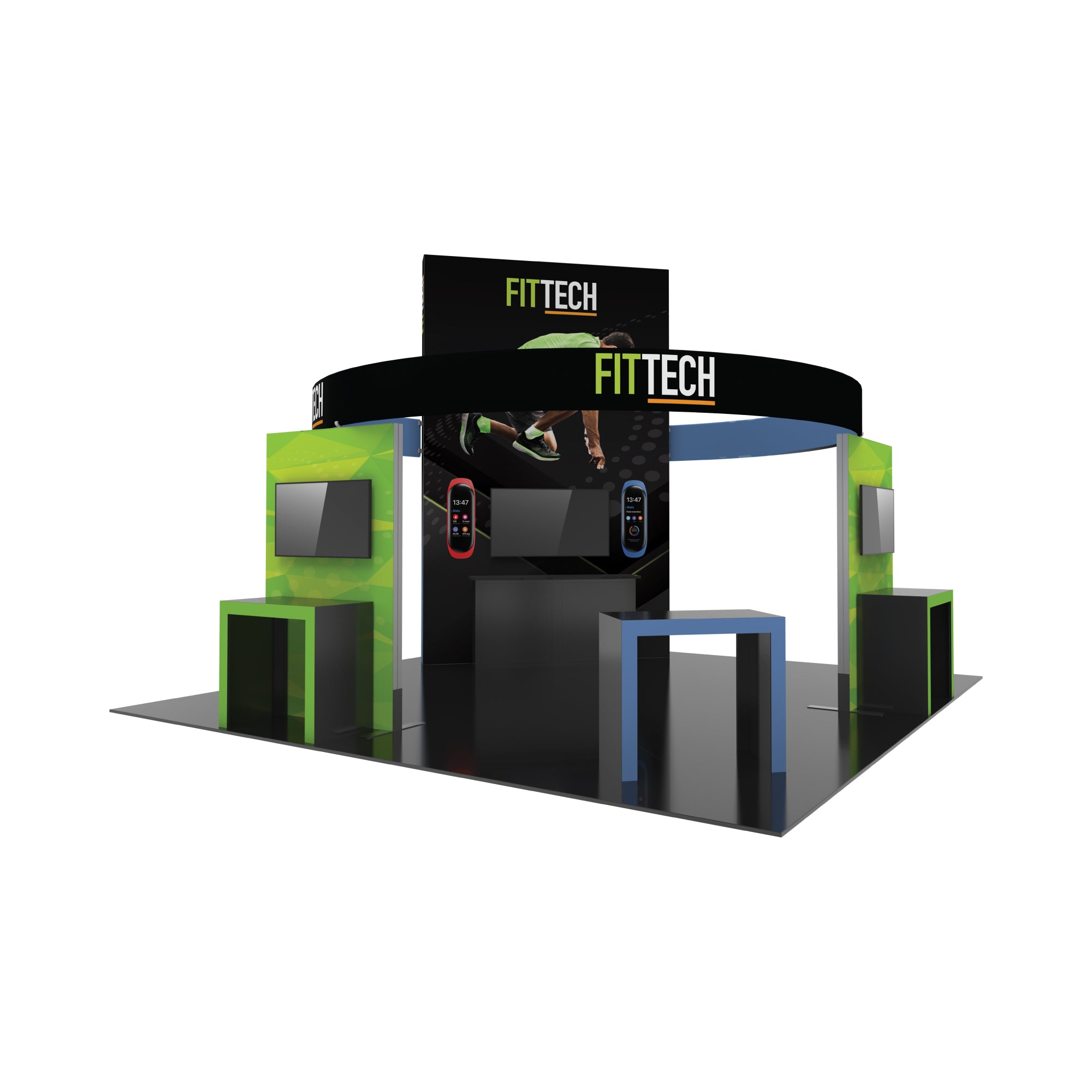 Modular trade show exhibit with branded header, display panels, and demo counters for exhibitions
