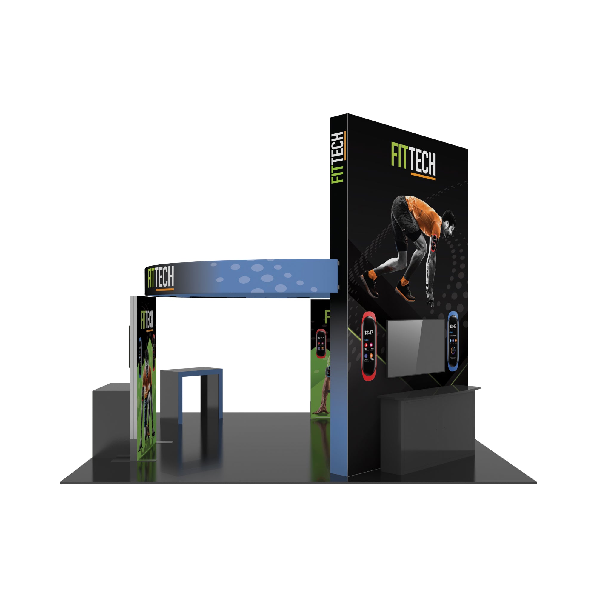 Modular trade show display booth featuring FITTECH branding and fitness product visuals for exhibitions