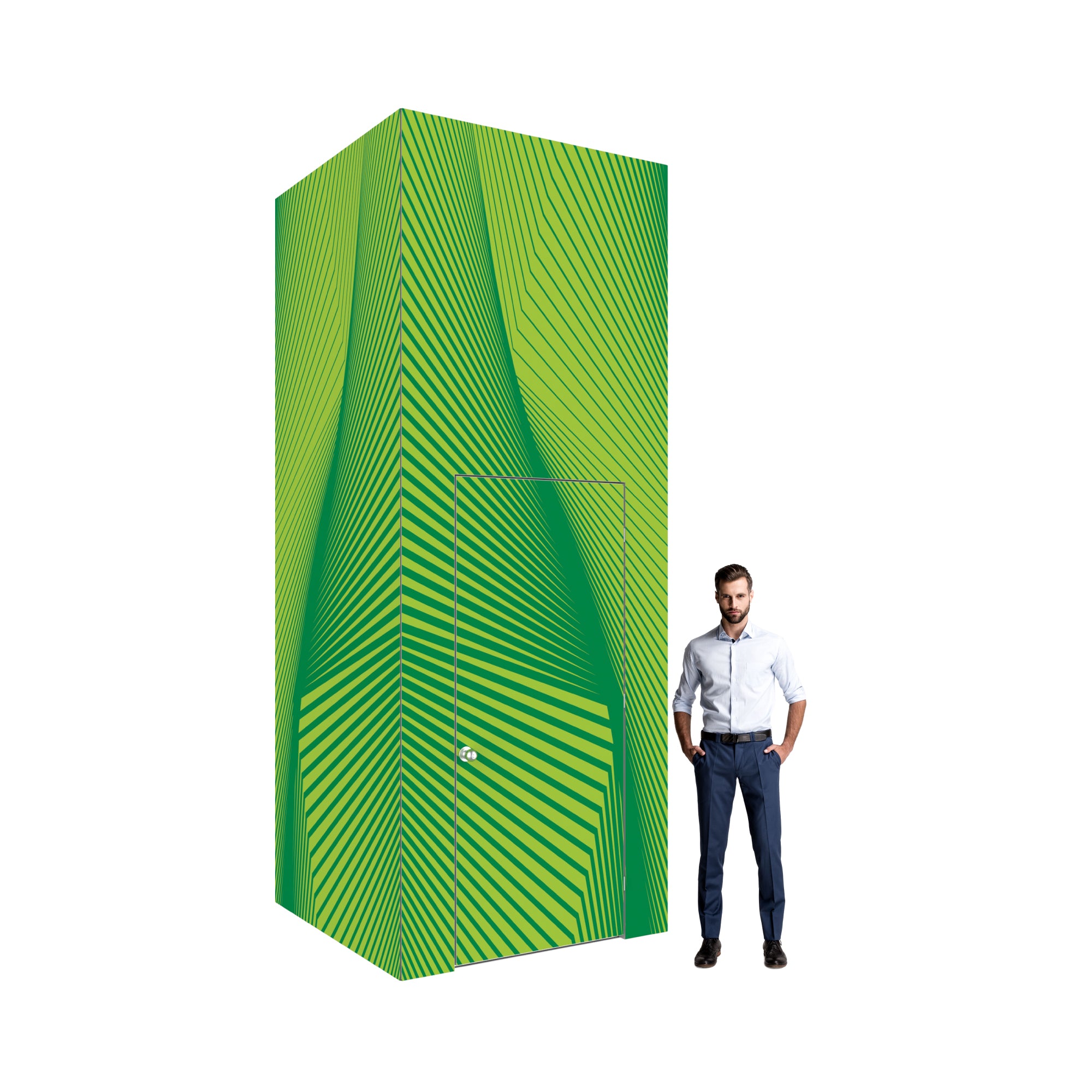 Modular trade show booth enclosure with geometric patterns and man for scale at exhibition