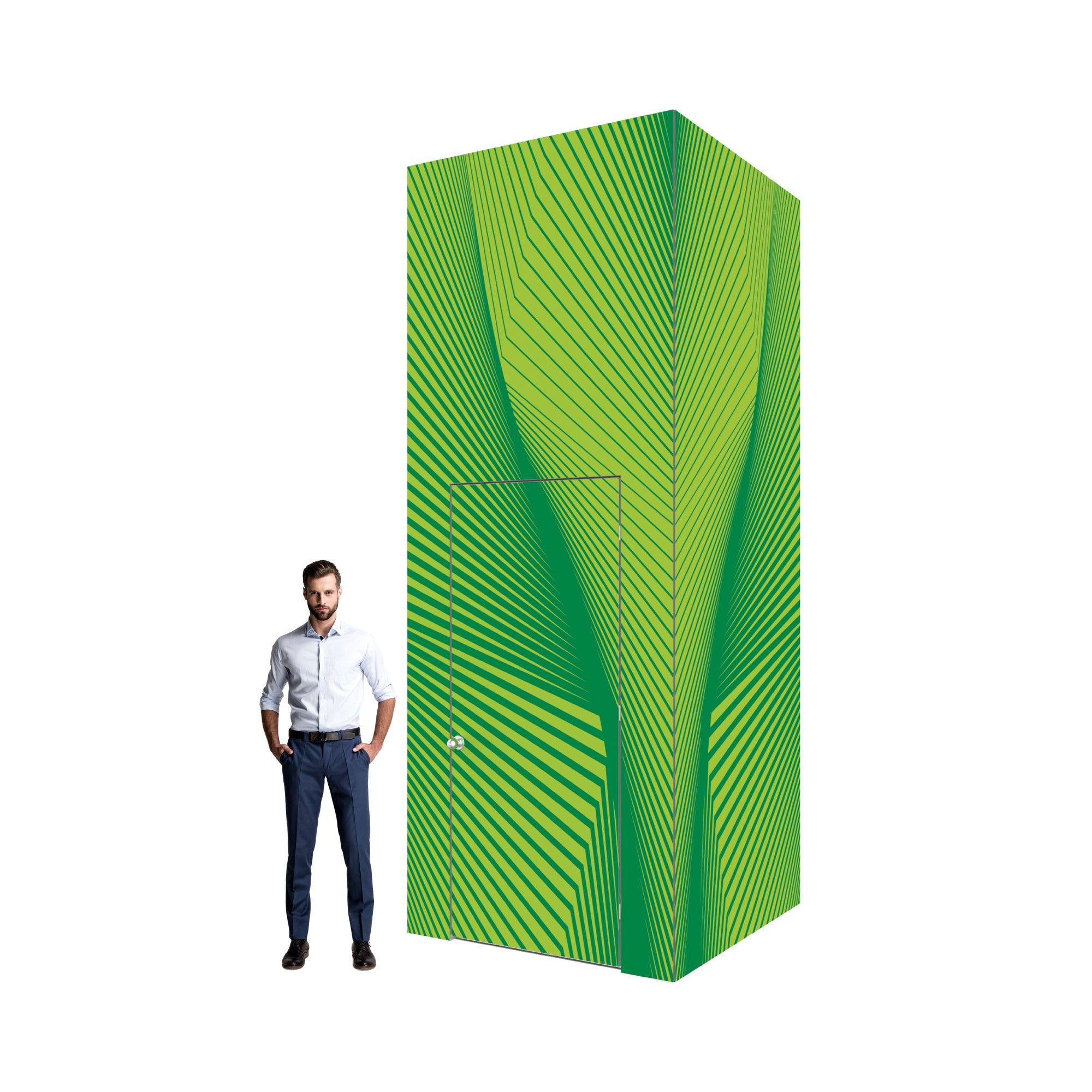 Modular trade show booth enclosure with door, showcasing custom graphic design for exhibitions and events