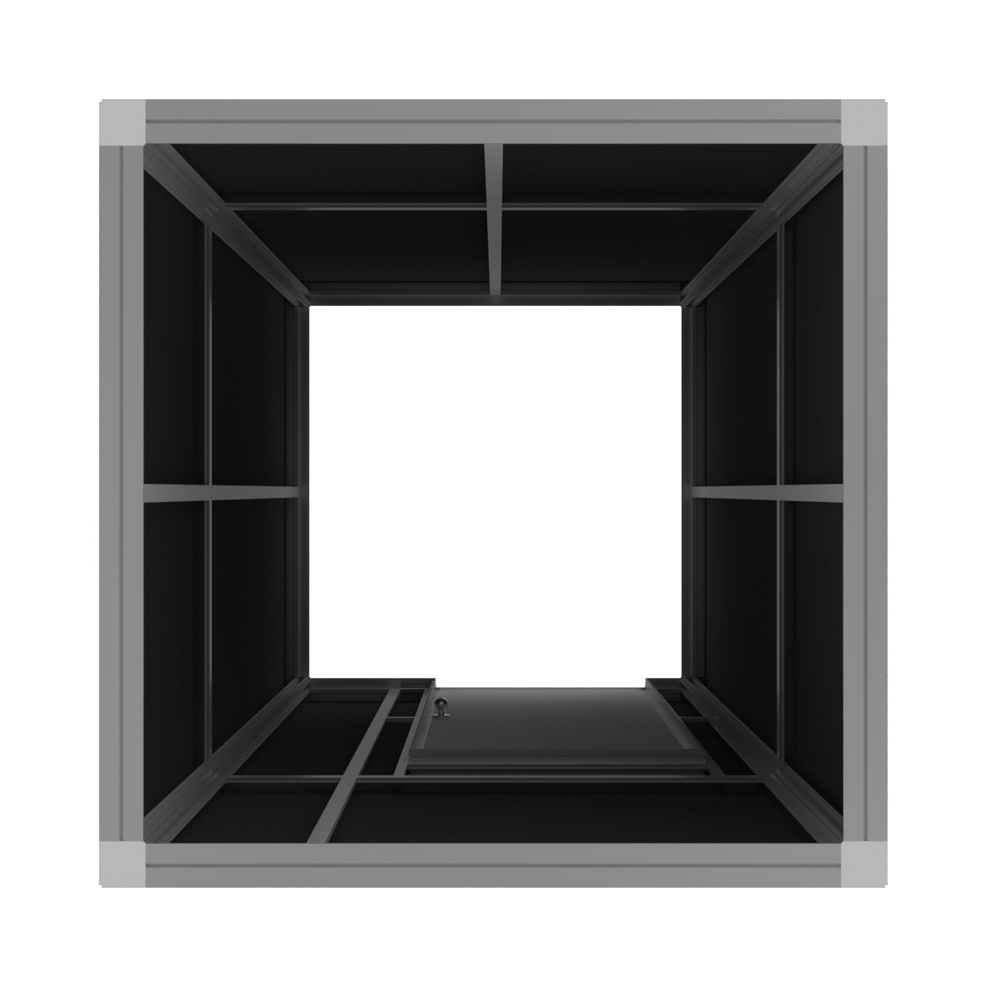 Modular trade show booth frame viewed from above with open central space and storage compartments