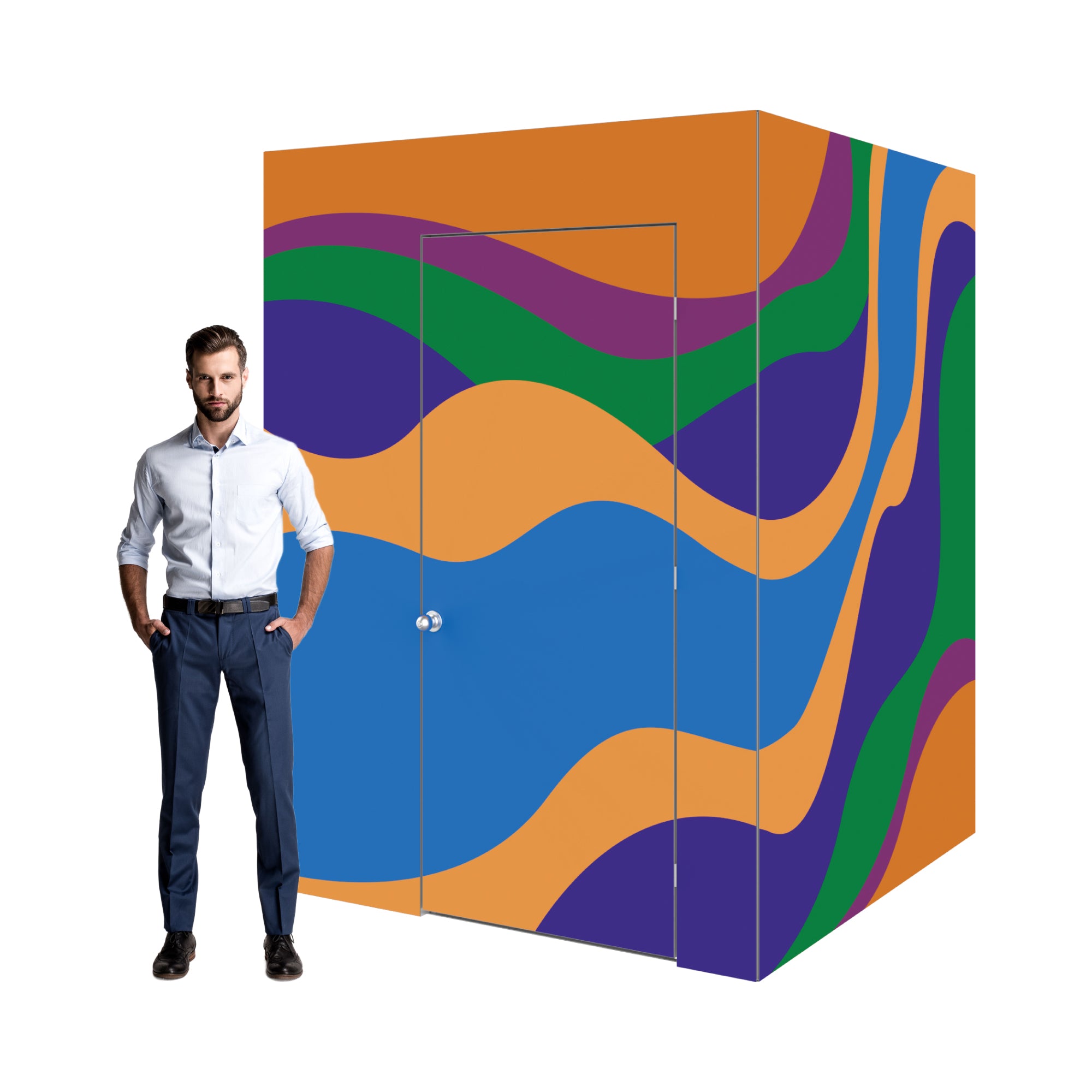 Modular trade show exhibit with abstract wavy patterns and a man standing beside it