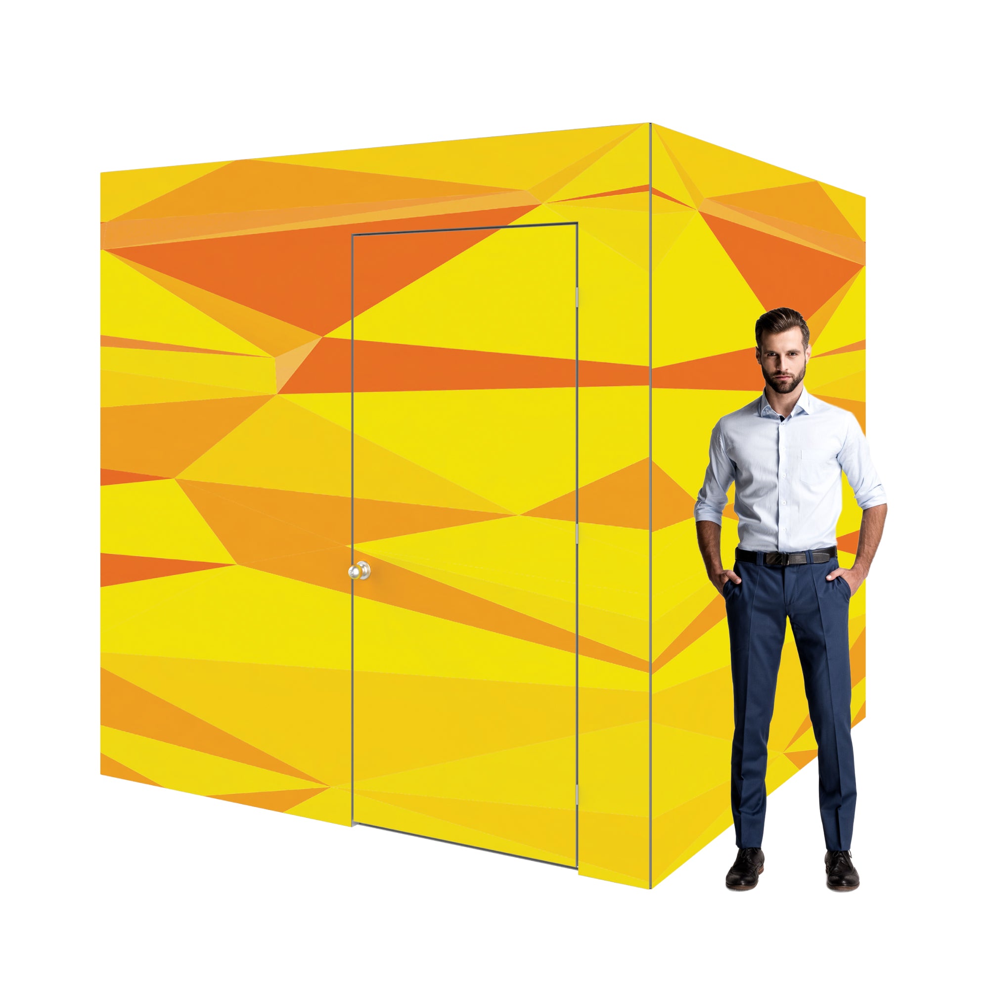 Modular trade show room with geometric design and man standing beside for scale at exhibition