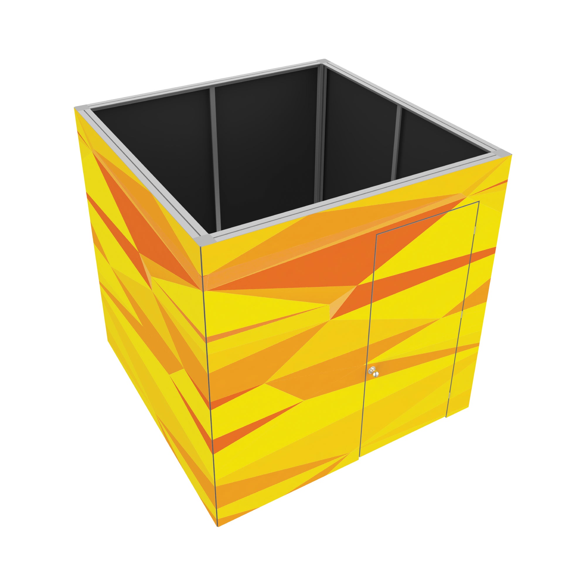 Modular trade show enclosure with geometric pattern and door, designed for exhibitions and events