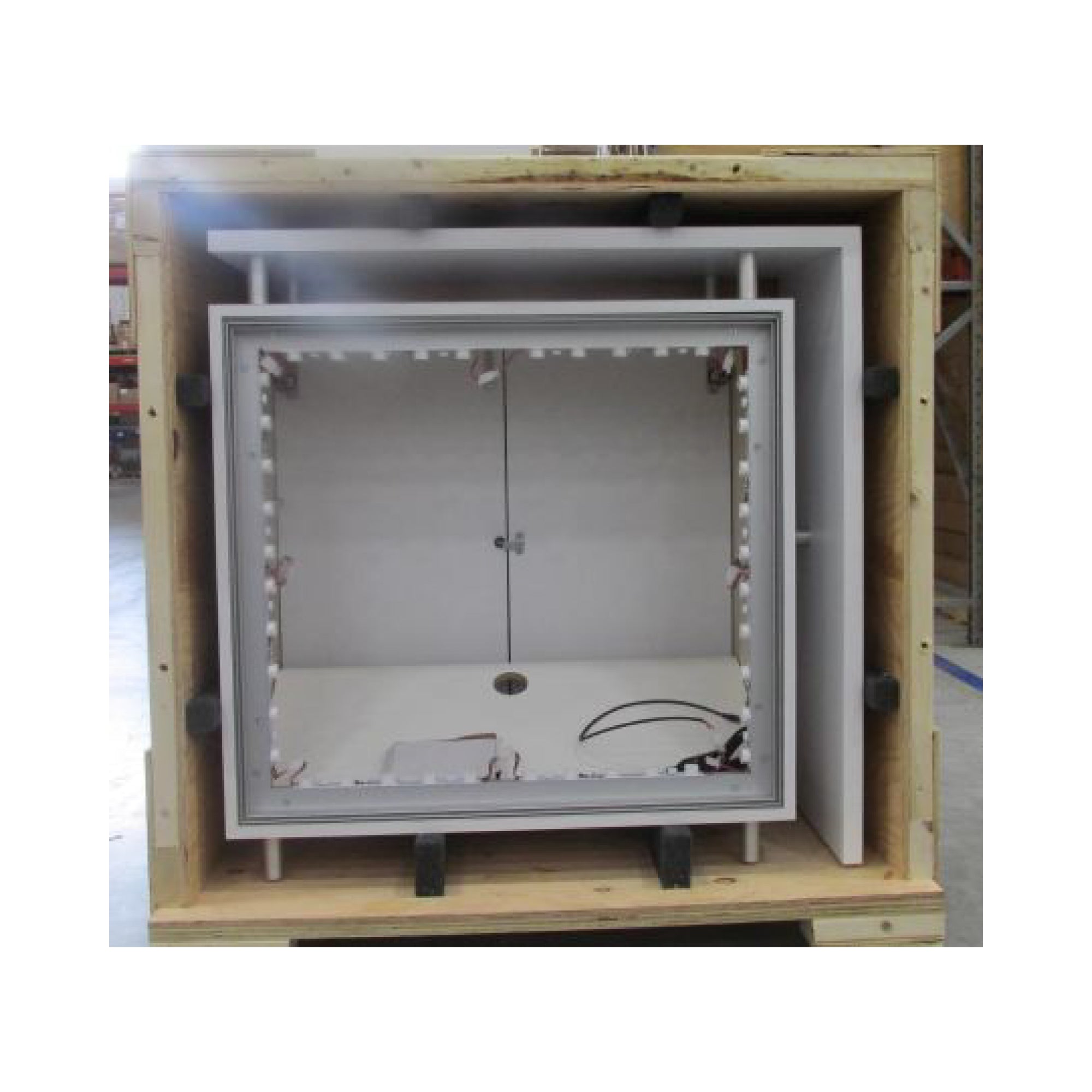 Modular trade show counter frame packed in wooden crate for exhibitions and events
