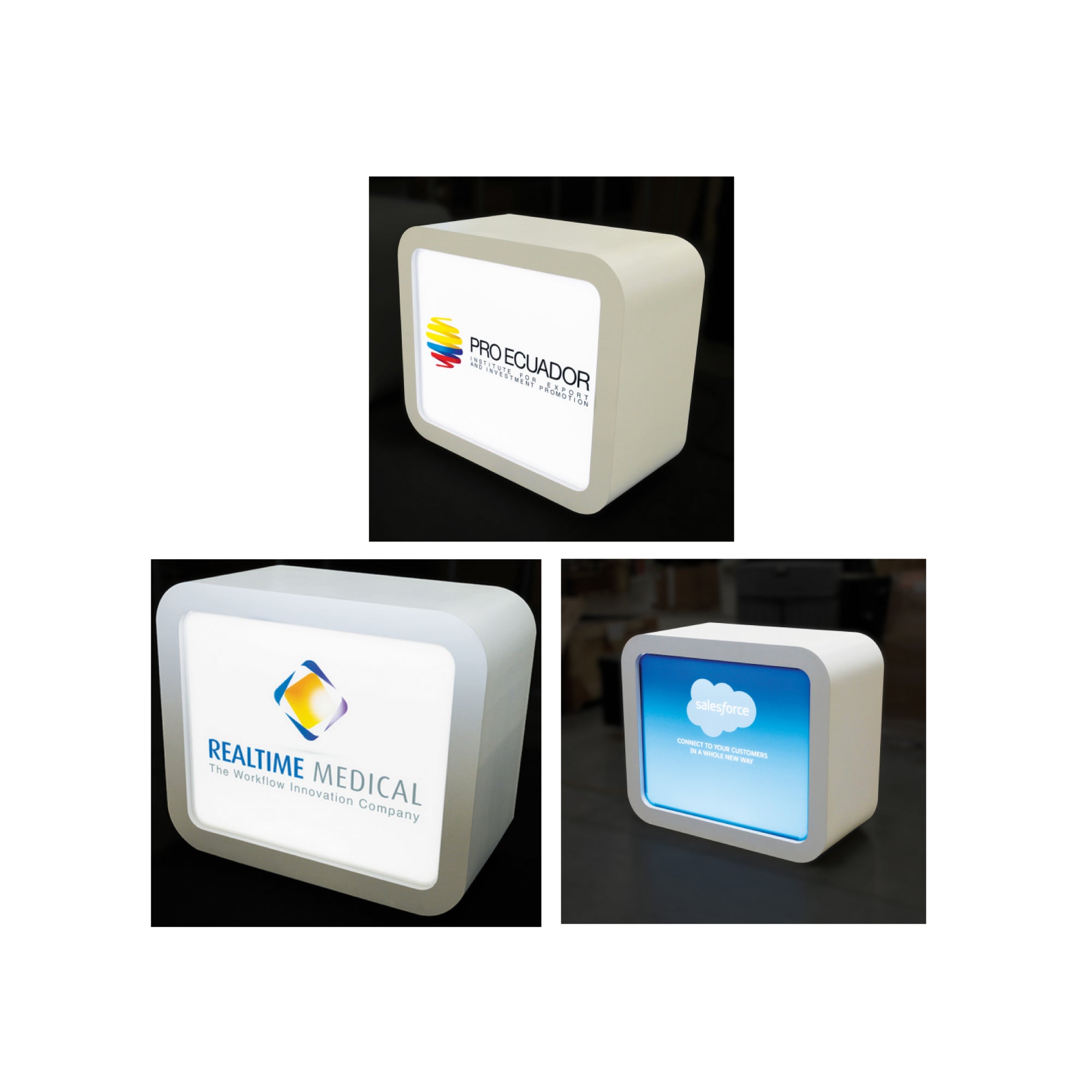Modular lightbox displays with company logos for trade shows, exhibitions, and special events branding