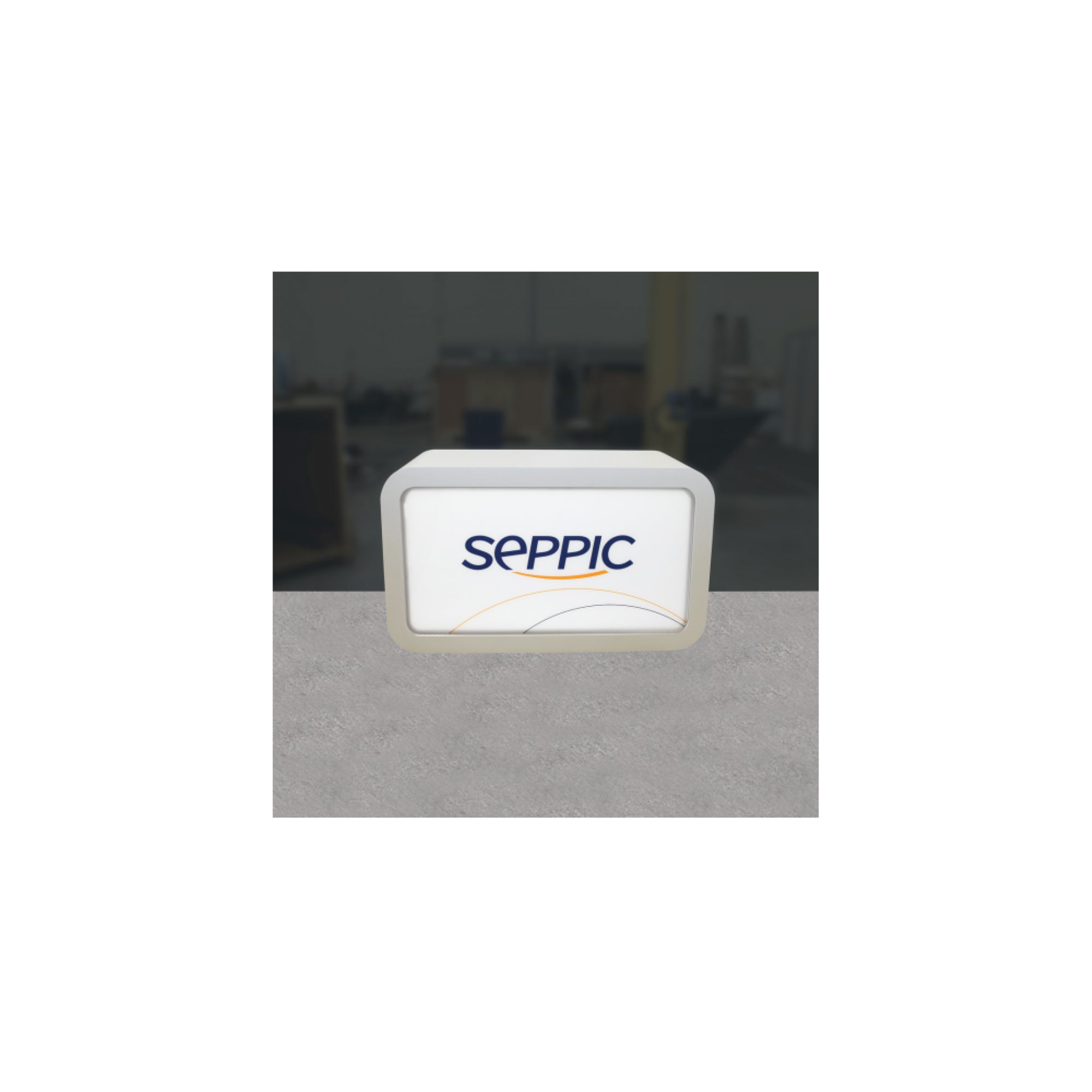 Modular trade show counter with illuminated branded panel for exhibitions and special events