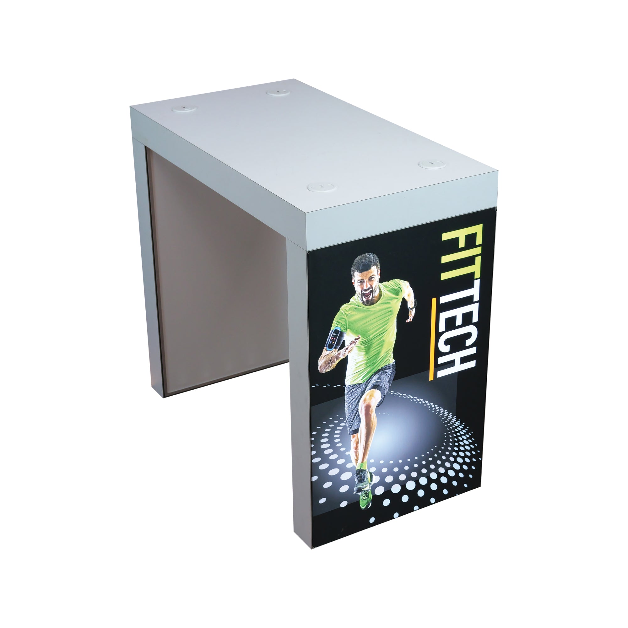 Modular trade show counter featuring branded graphic panel, ideal for exhibitions and special events