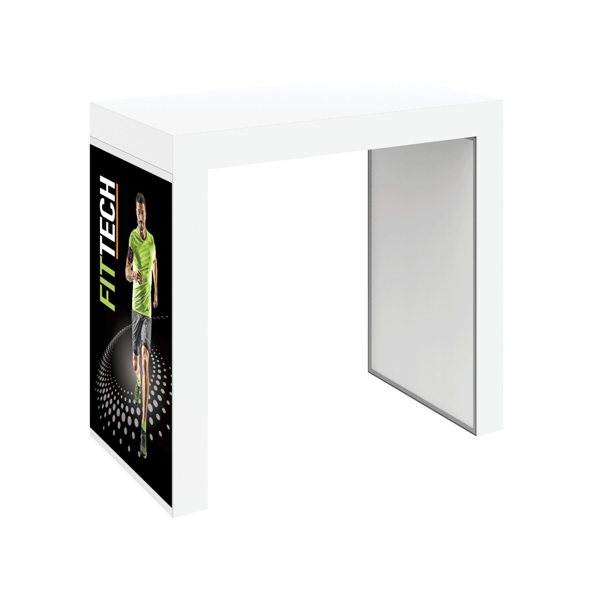 Modular trade show counter with promotional graphic panel featuring running athlete for exhibitions and events