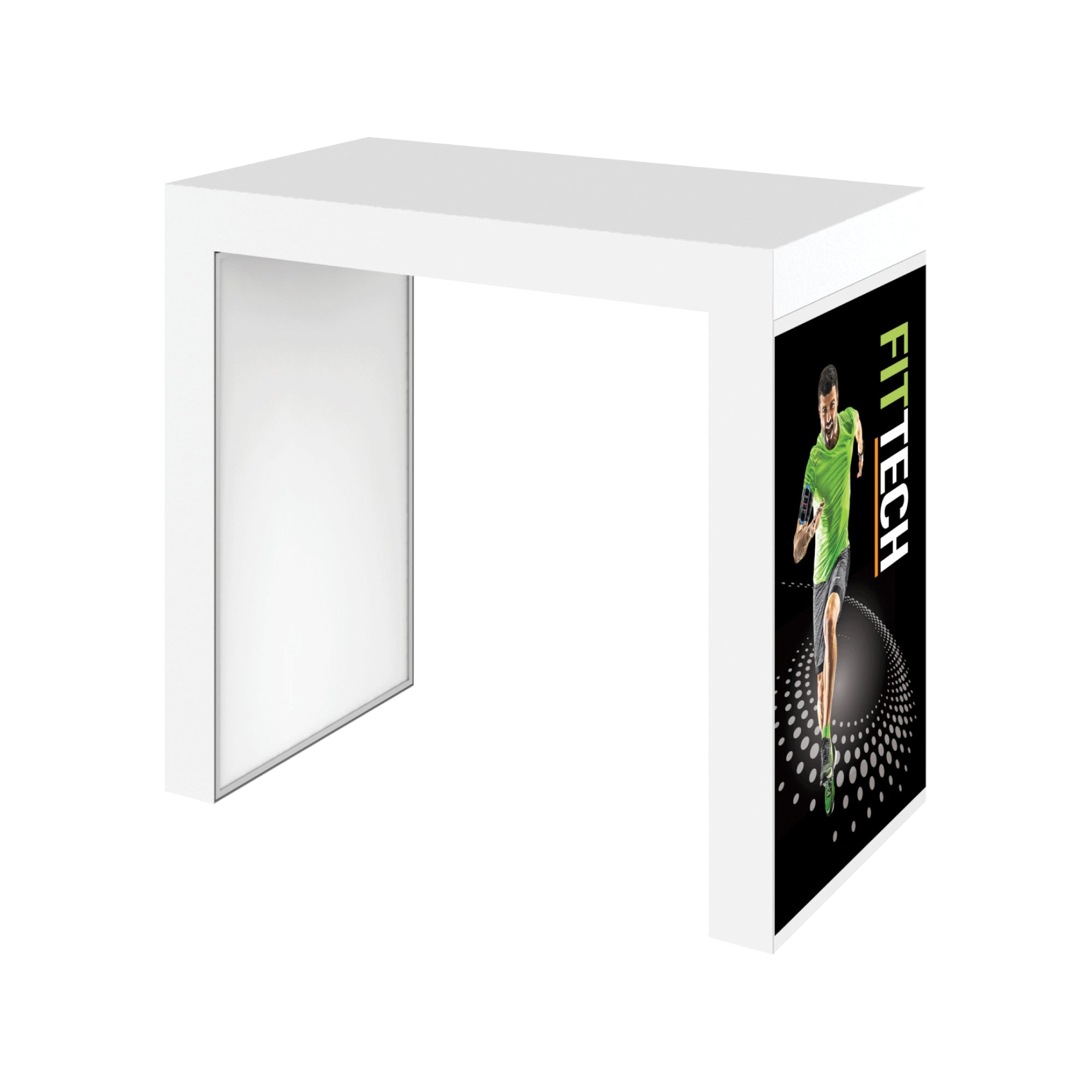 Modular trade show counter with graphic panel featuring athlete and FIT TECH branding for exhibitions