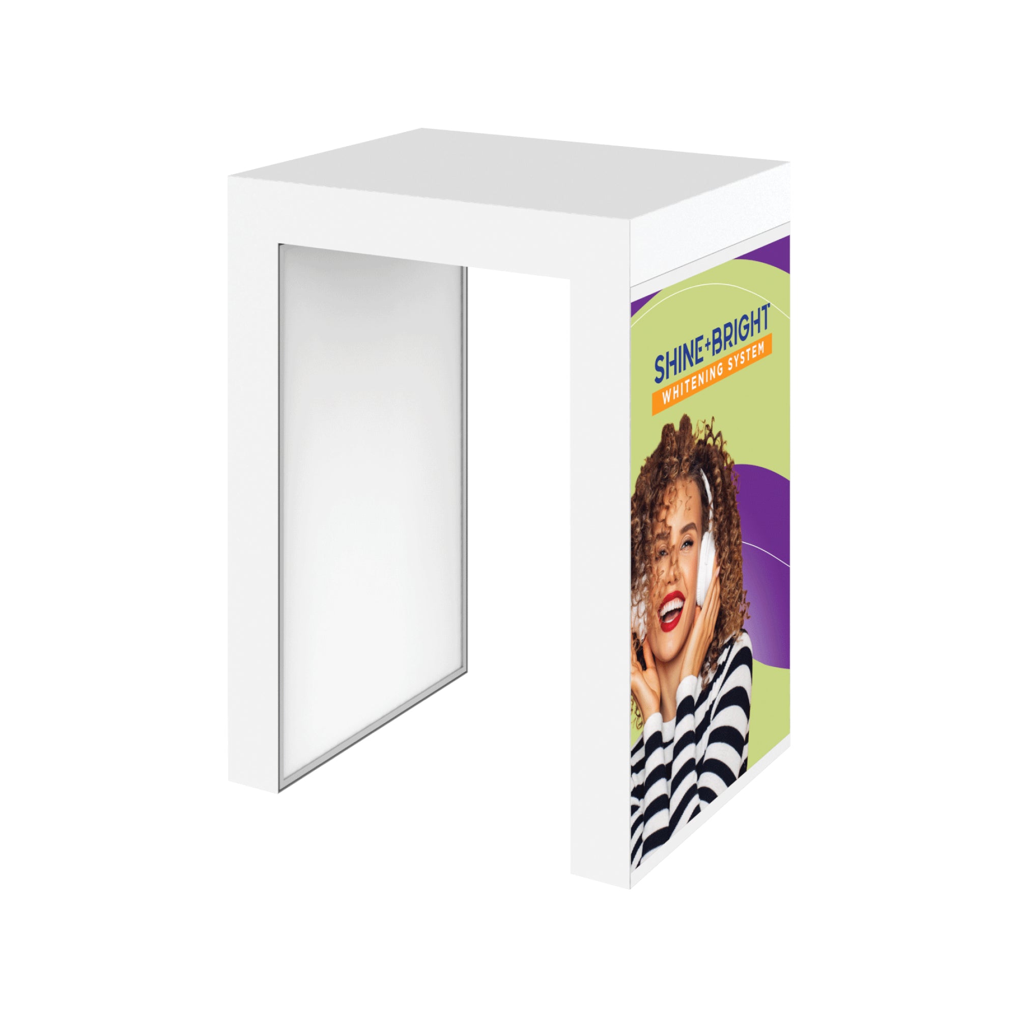 Modular trade show counter with lightbox and vibrant advertising panel for exhibitions and events