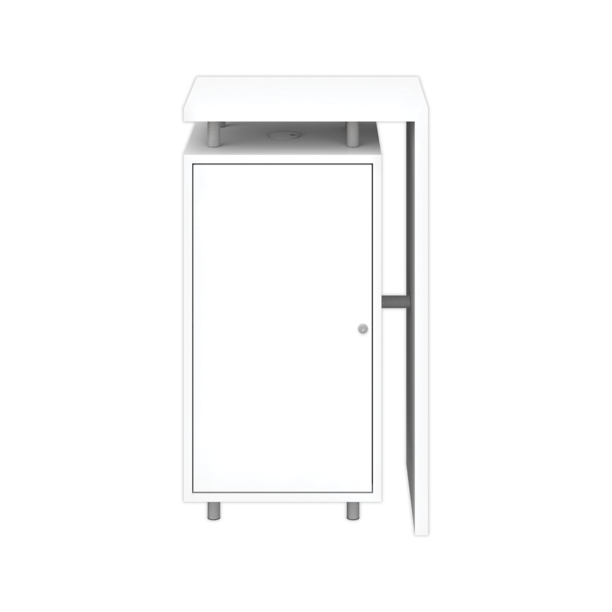 Compact trade show counter with lockable storage cabinet and elevated display surface for exhibitions