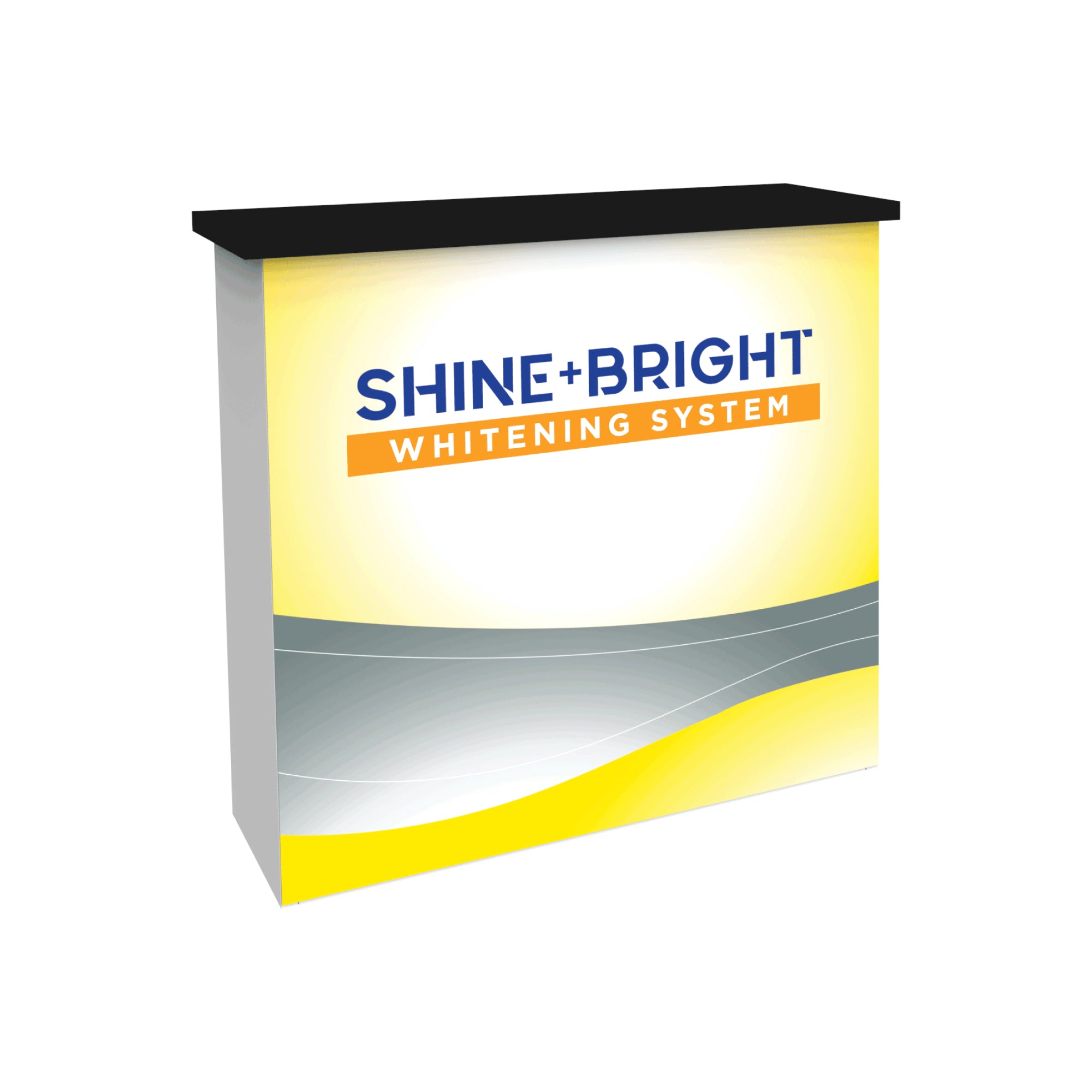 Modular trade show counter with branding for Shine+Bright whitening system, ideal for exhibitions and events