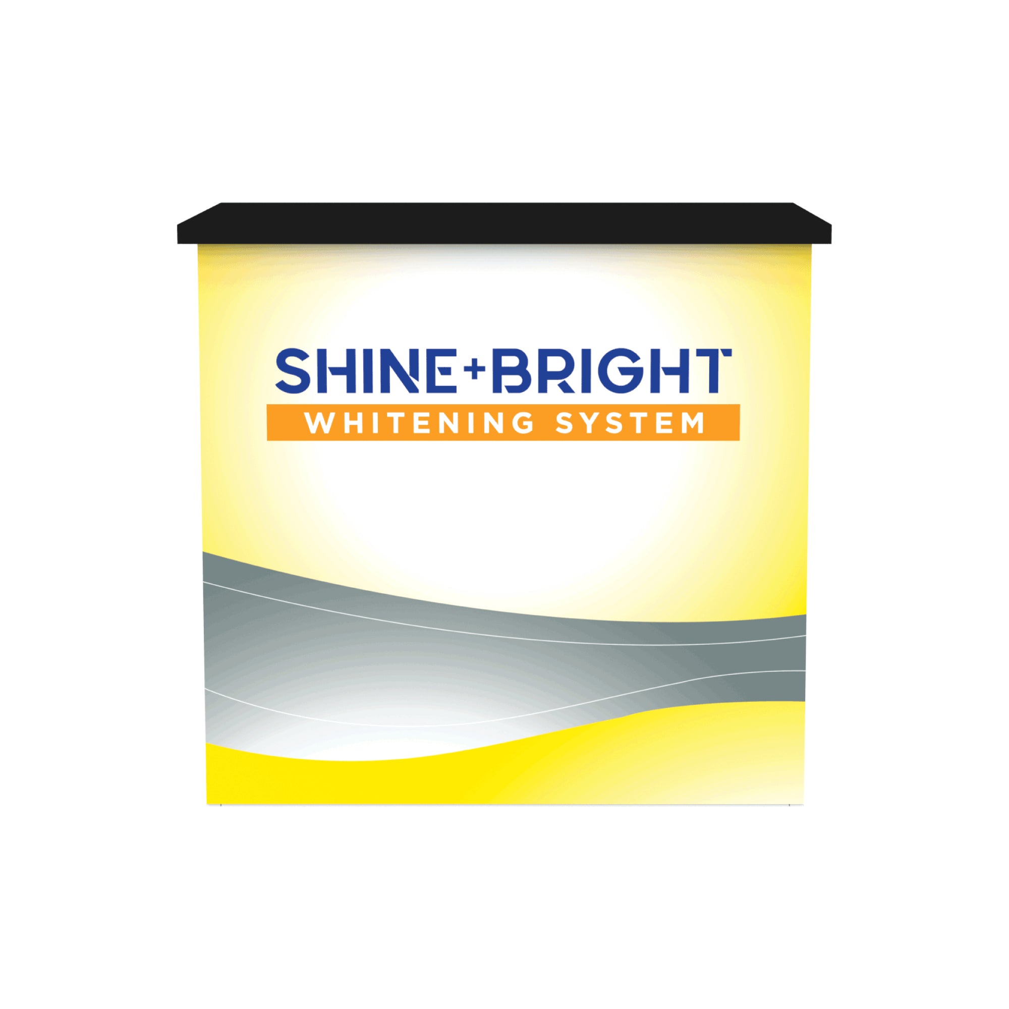 Modular trade show counter with Shine+Bright branding, ideal for exhibitions and special events