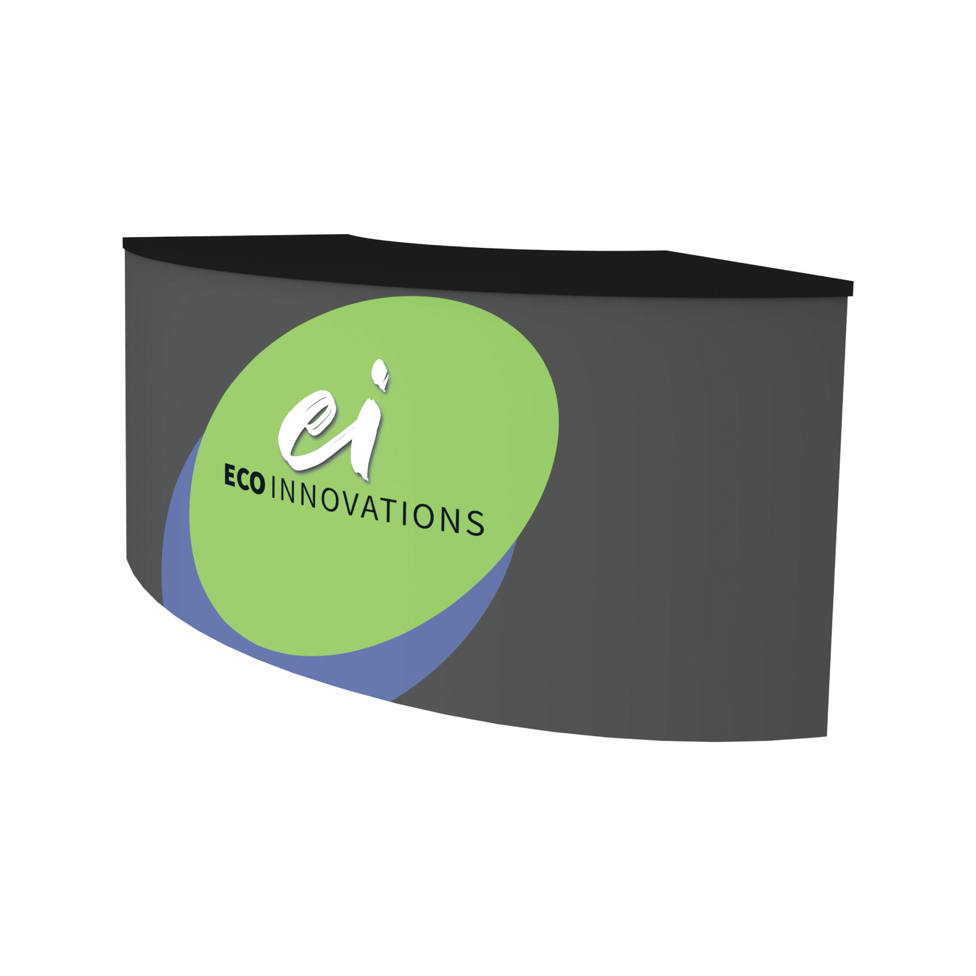 Curved modular trade show counter with Eco Innovations branding for exhibitions and events