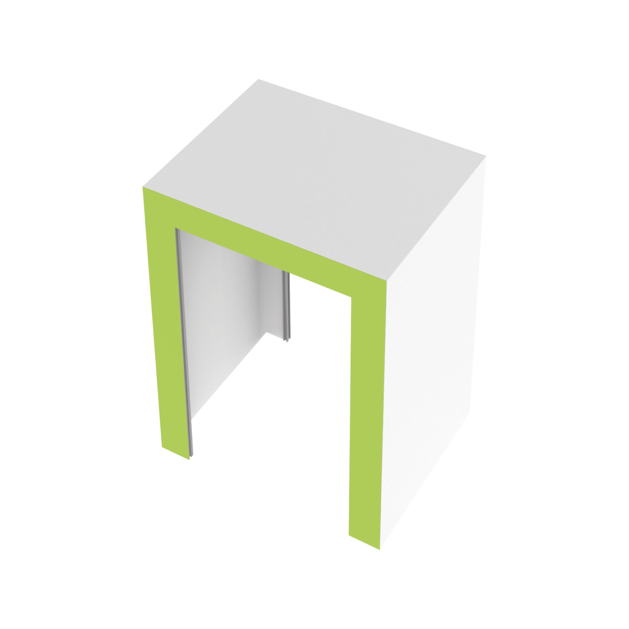 Modular trade show counter with open front panel and minimalist design for events and exhibitions