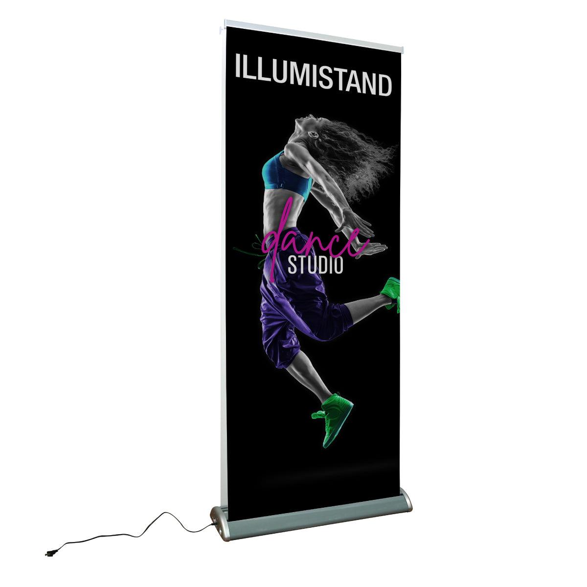 Backlit banner stand displaying dynamic dance studio advertisement for trade shows and exhibitions