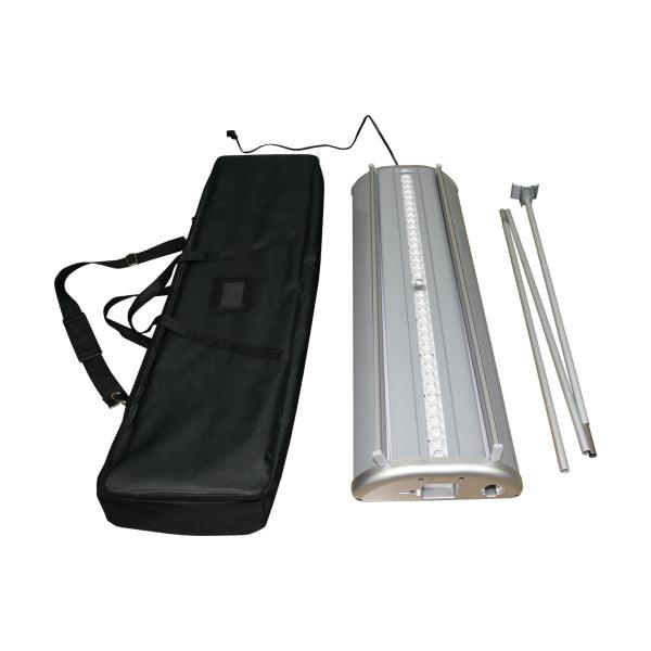 Trade show banner stand with LED lighting, carrying bag, and support poles for exhibitions and events