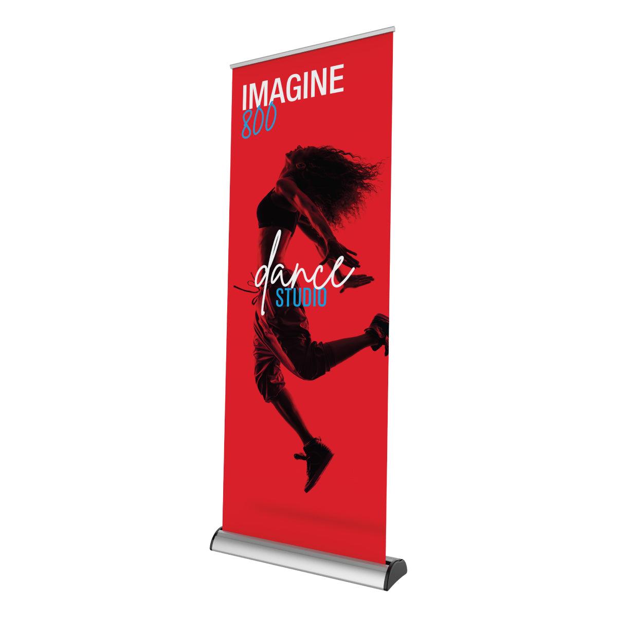 Retractable banner stand for trade shows featuring energetic dance studio advertisement with jumping dancer