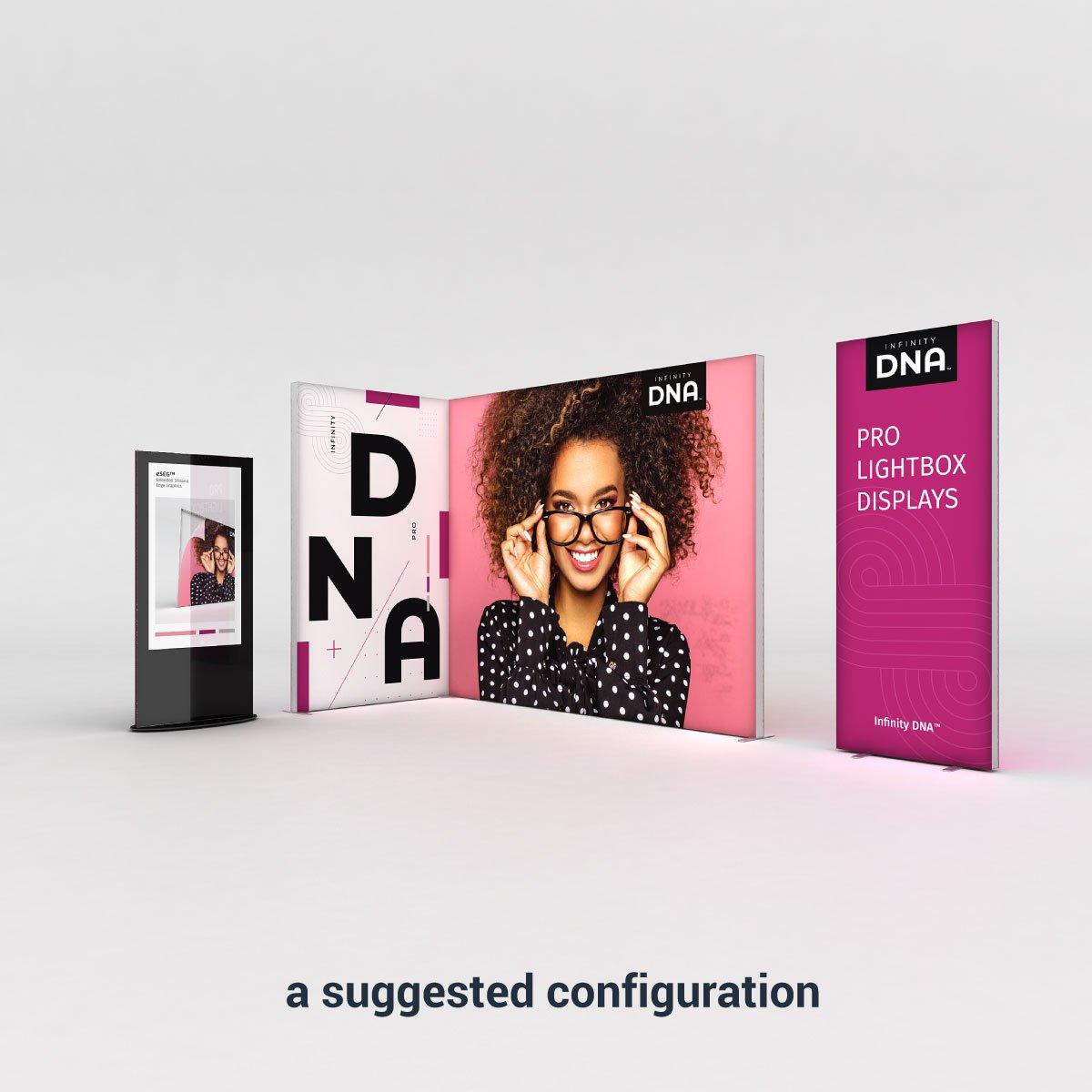 Trade show setup featuring Infinity DNA pro lightbox displays with vibrant graphic prints for exhibitions and special events