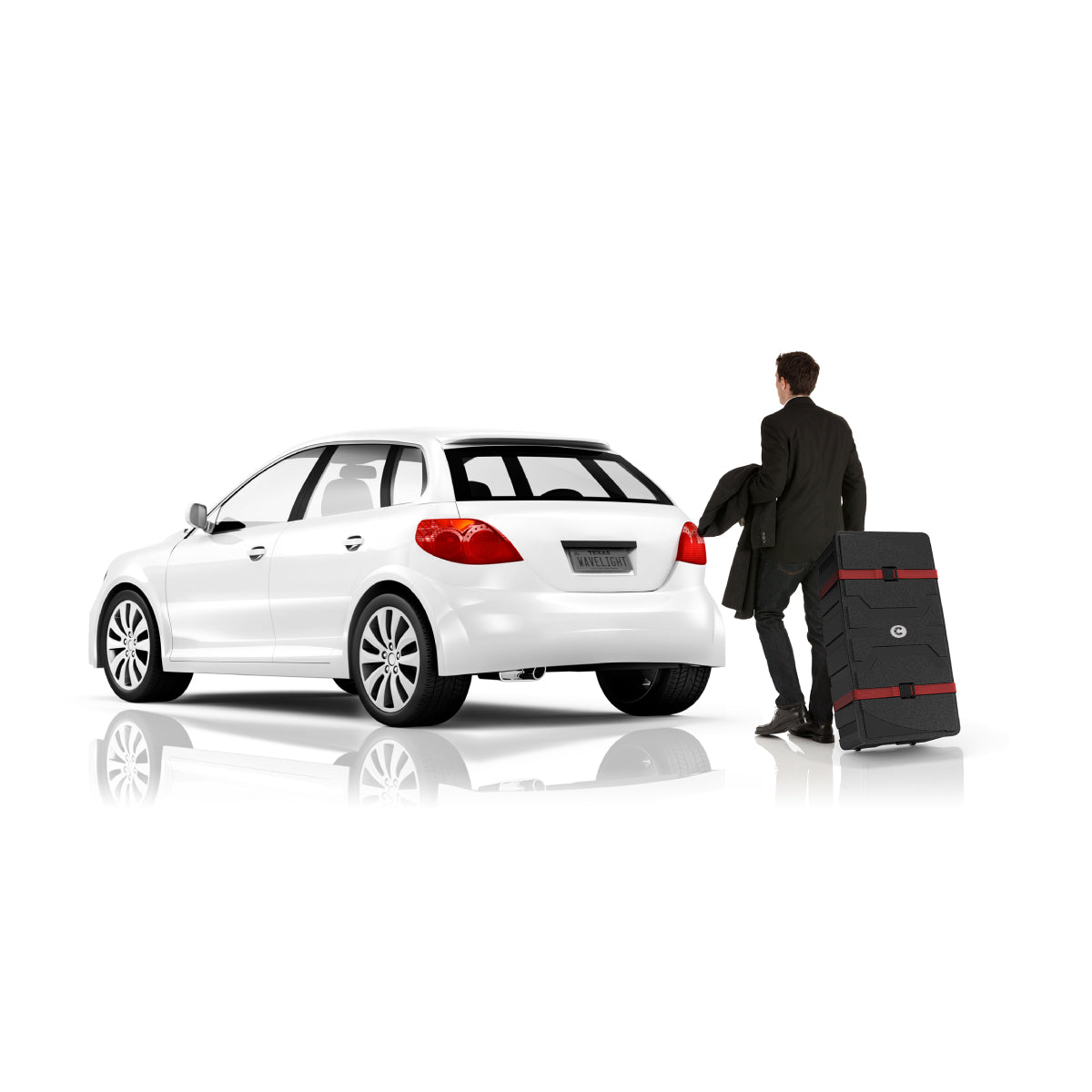 Man in suit pulling wheeled trade show display case near car, ideal for exhibitions and events
