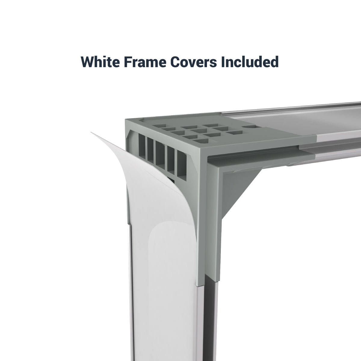 Close-up of lightbox frame corner with removable white frame covers for trade show displays