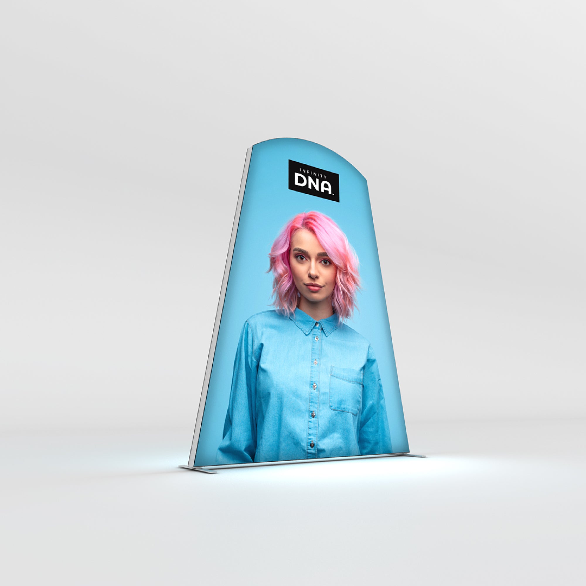 Illuminated curved trade show display featuring portrait and branding for exhibitions and events