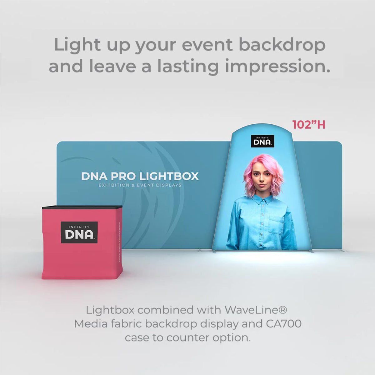 DNA Pro Lightbox exhibition backdrop and counter display set for trade shows and special events
