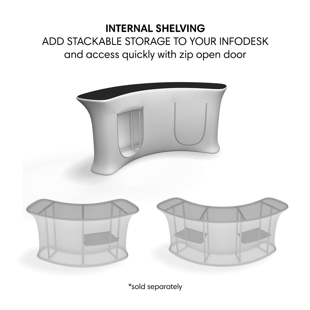 Curved trade show info desk with stackable internal shelving for storage and quick access with zip door