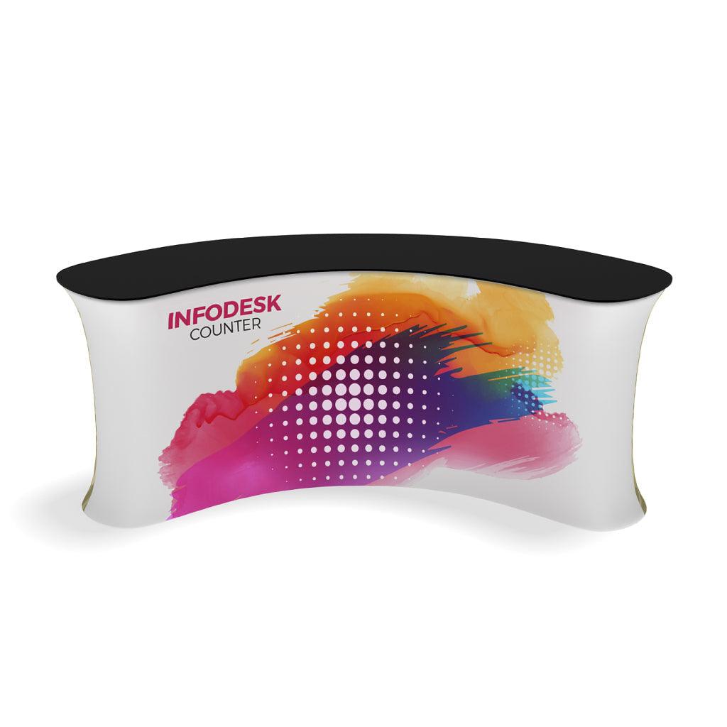 Curved infodesk counter with vibrant graphic design for trade show and event use