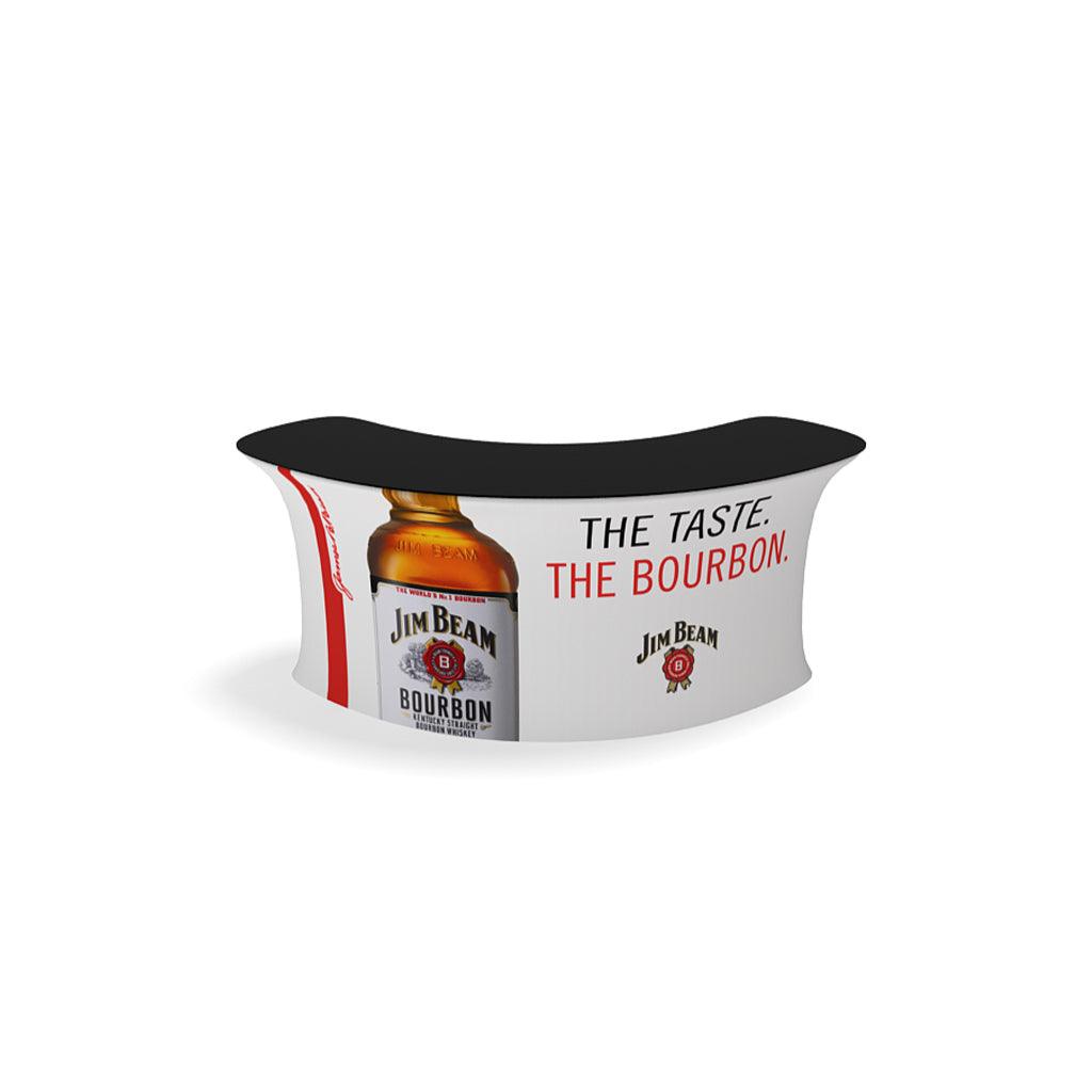 Curved promotional trade show counter with Jim Beam bourbon branding for exhibitions and events